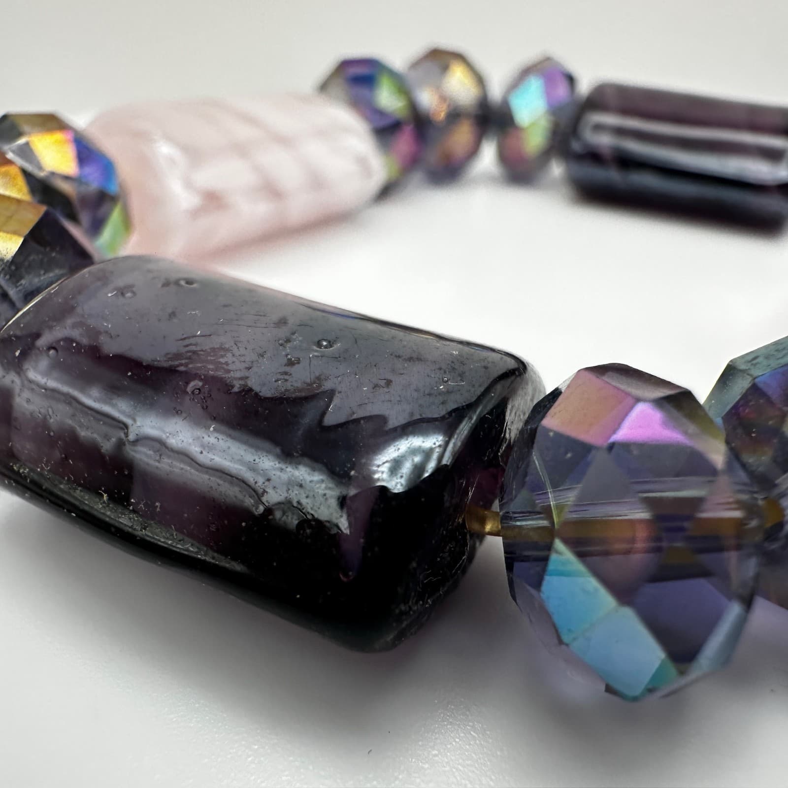 Vintage 90s Art Glass Bead Stretch Bracelet Iridescent Boho Women's Jewelry - Thumbnail 8