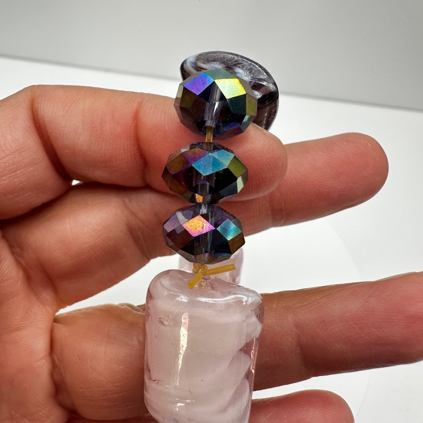 Vintage 90s Art Glass Bead Stretch Bracelet Iridescent Boho Women's Jewelry - Thumbnail 10