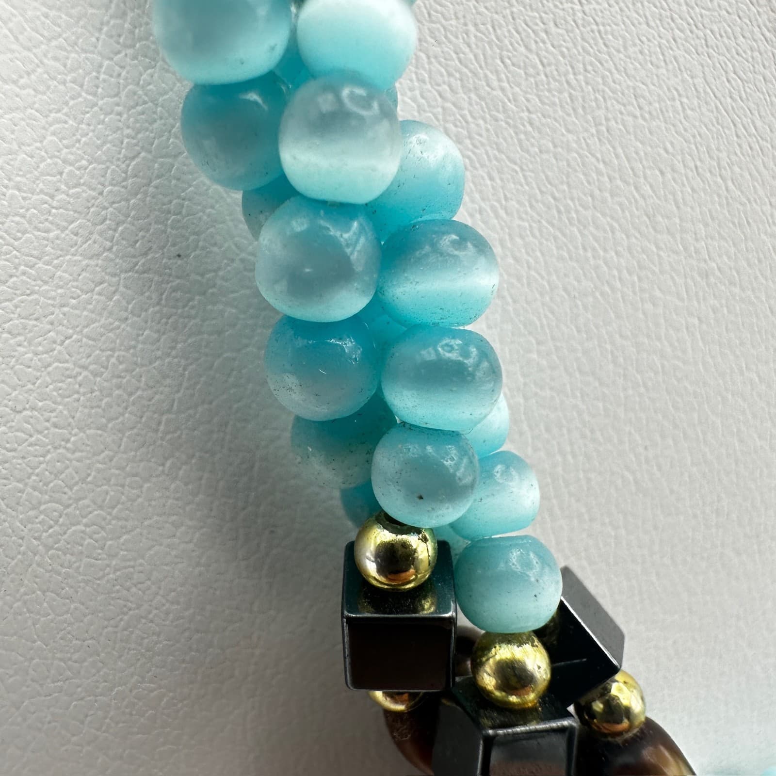 Vintage 90s Aqua Frosted Glass Beaded Layered Necklace Silver Tone Jewelry - Thumbnail 5