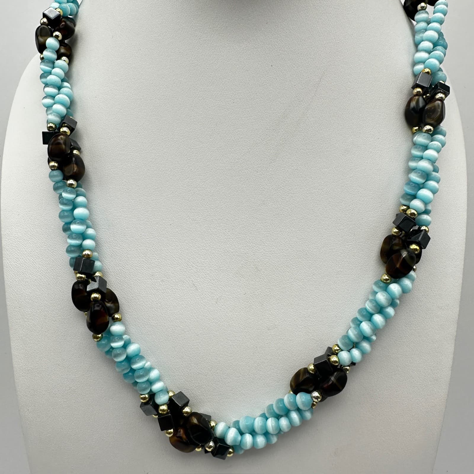 Vintage 90s Aqua Frosted Glass Beaded Layered Necklace Silver Tone Jewelry - Image 1