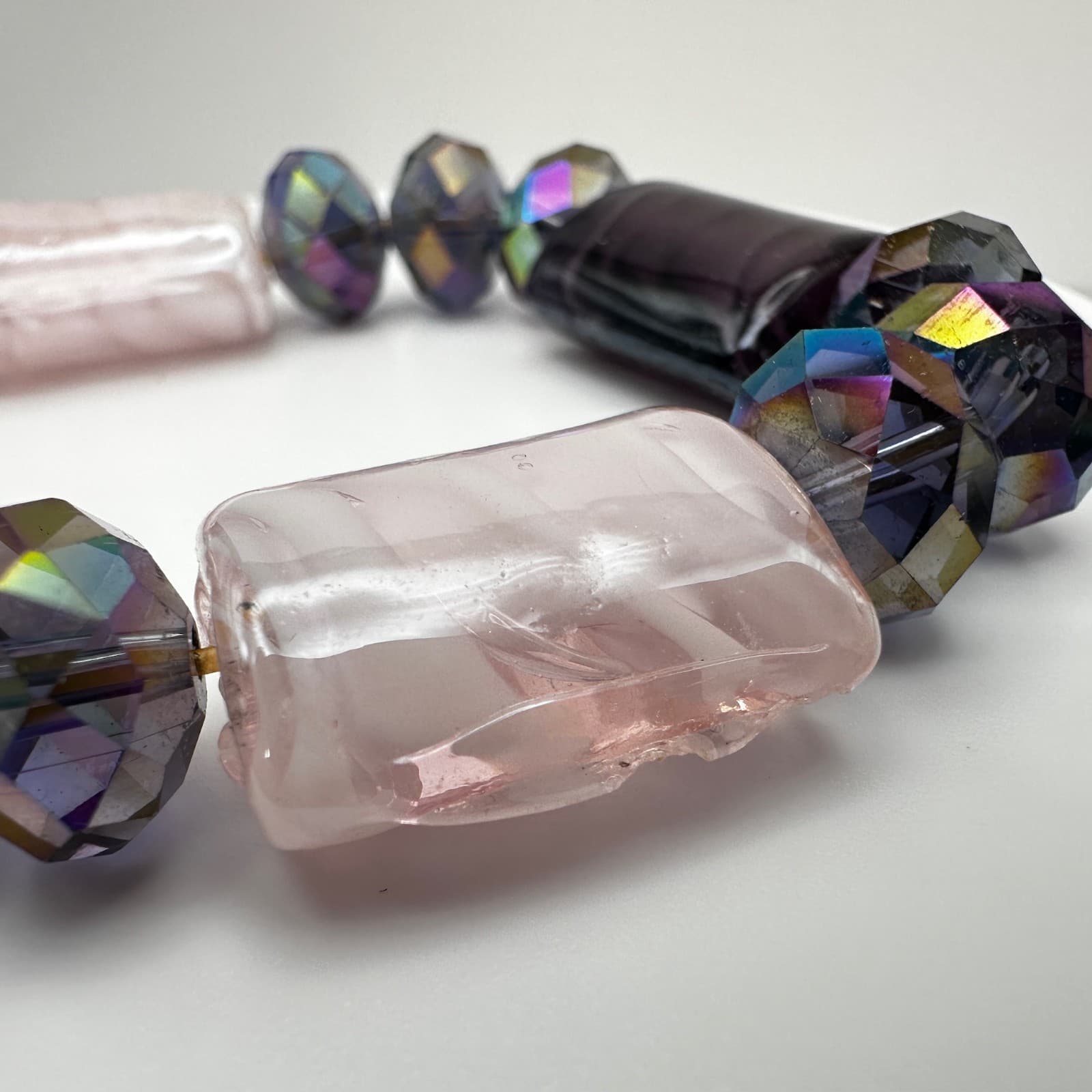 Vintage 90s Art Glass Bead Stretch Bracelet Iridescent Boho Women's Jewelry - Thumbnail 7