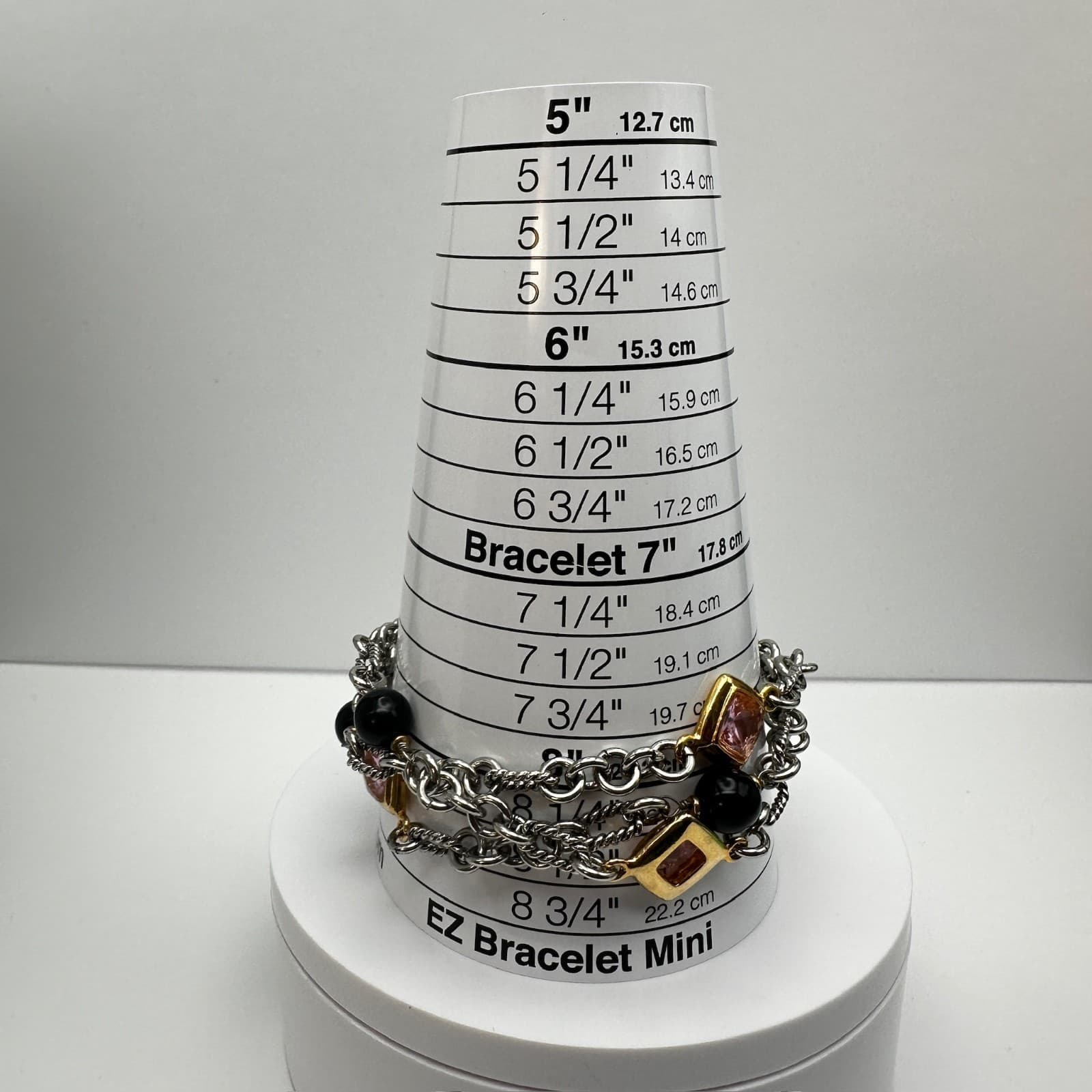 Vintage 90s Multi Chain Pink Crystal Black Bead Bracelet Silver Tone Jewelry - Thumbnail 10