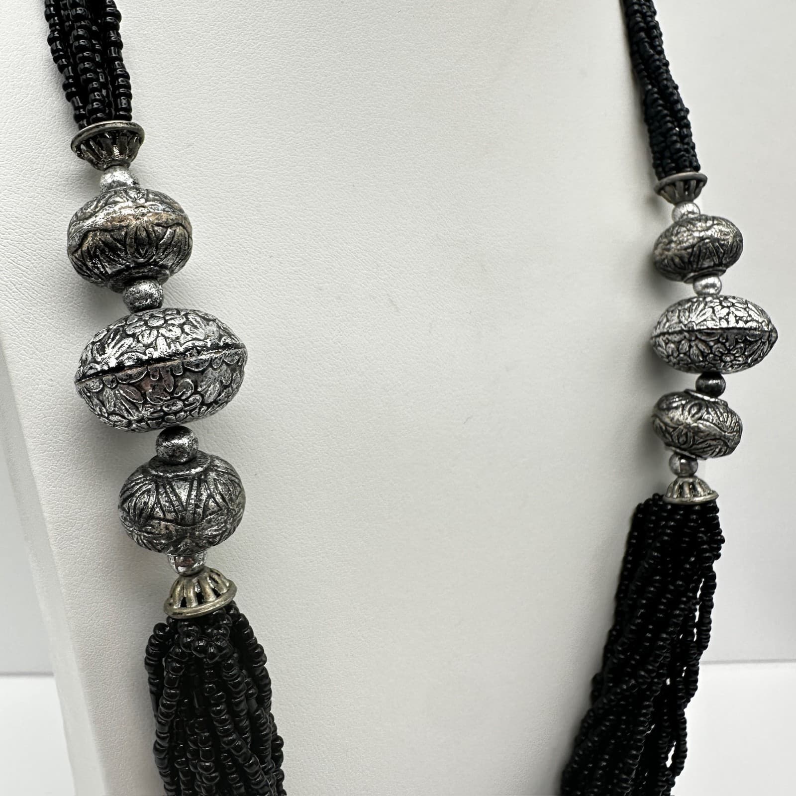 Vintage 90s Multi Strand Black Necklace Floral Beads Silver Tone Women's Jewelry - Thumbnail 2