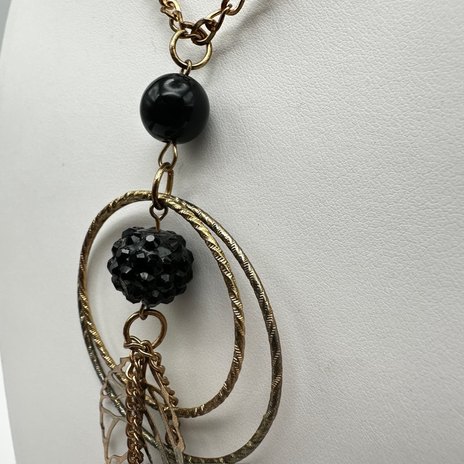 Vintage 90s Leaf Black Double Hoop Pendant Necklace Gold Tone Women's Jewelry - Thumbnail 11