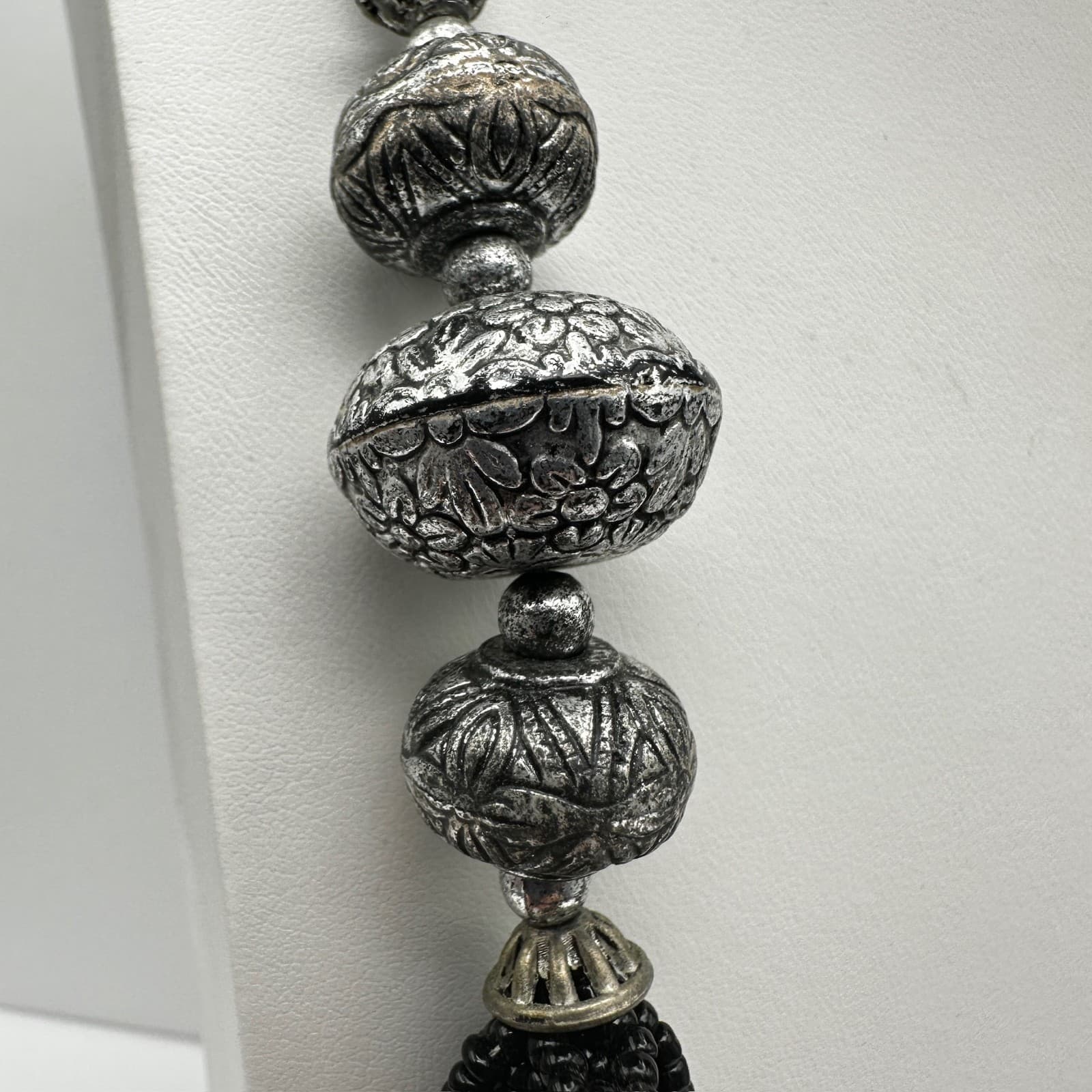 Vintage 90s Multi Strand Black Necklace Floral Beads Silver Tone Women's Jewelry - Thumbnail 5