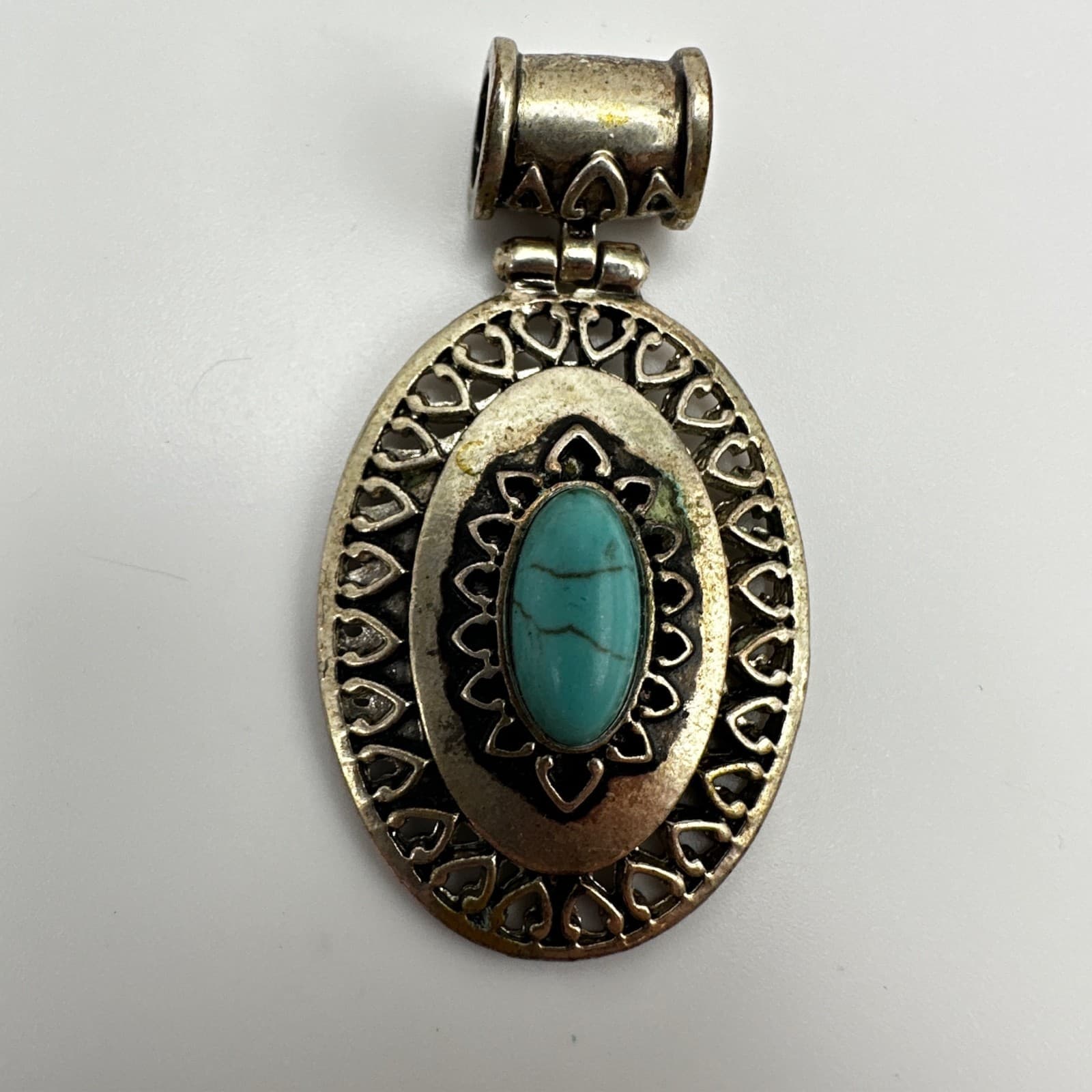 Vintage 90s Blue Stone Faux Turquoise Oval Pendant Silver Tone Women's Jewelry - Thumbnail 2