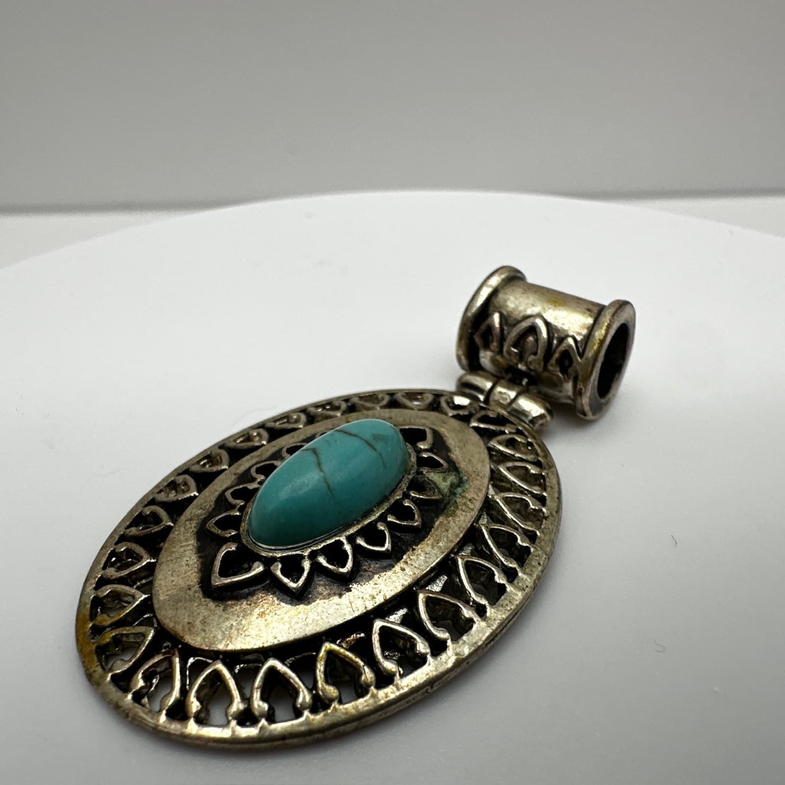 Vintage 90s Blue Stone Faux Turquoise Oval Pendant Silver Tone Women's Jewelry - Thumbnail 5