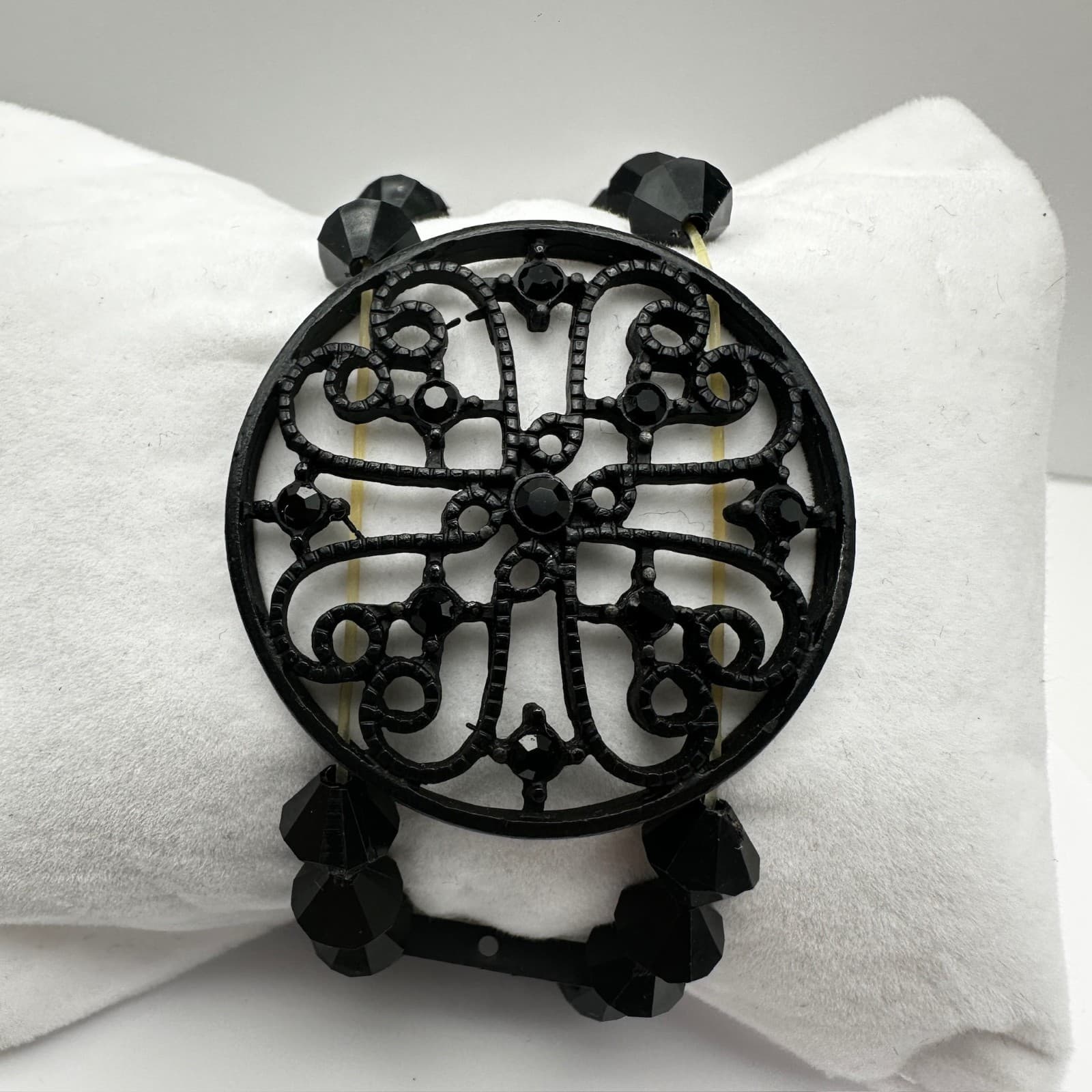 Vintage 80s Black Tone Bicone Beads Stretch Cuff Bracelet Women's Jewelry - Thumbnail 2