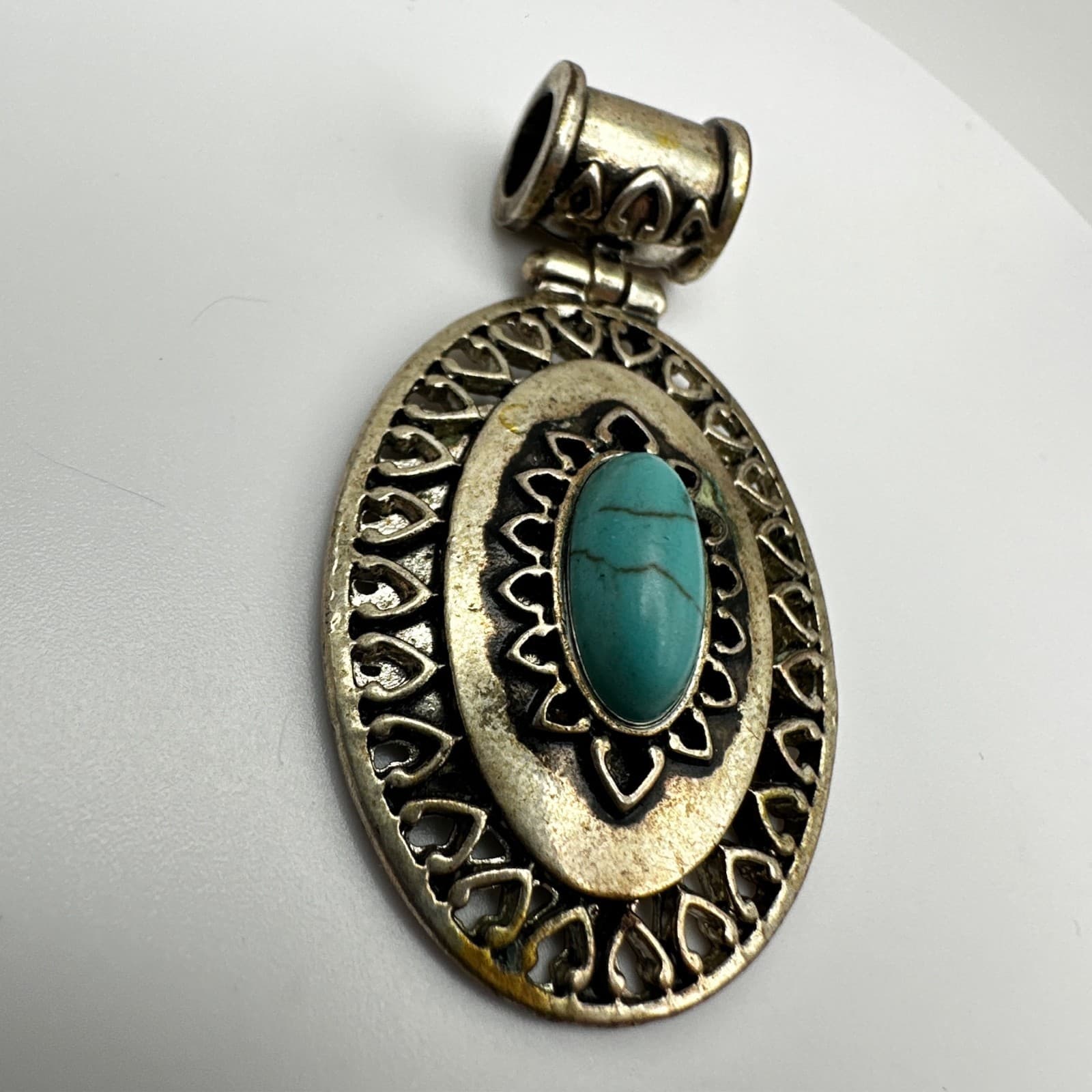 Vintage 90s Blue Stone Faux Turquoise Oval Pendant Silver Tone Women's Jewelry - Thumbnail 3