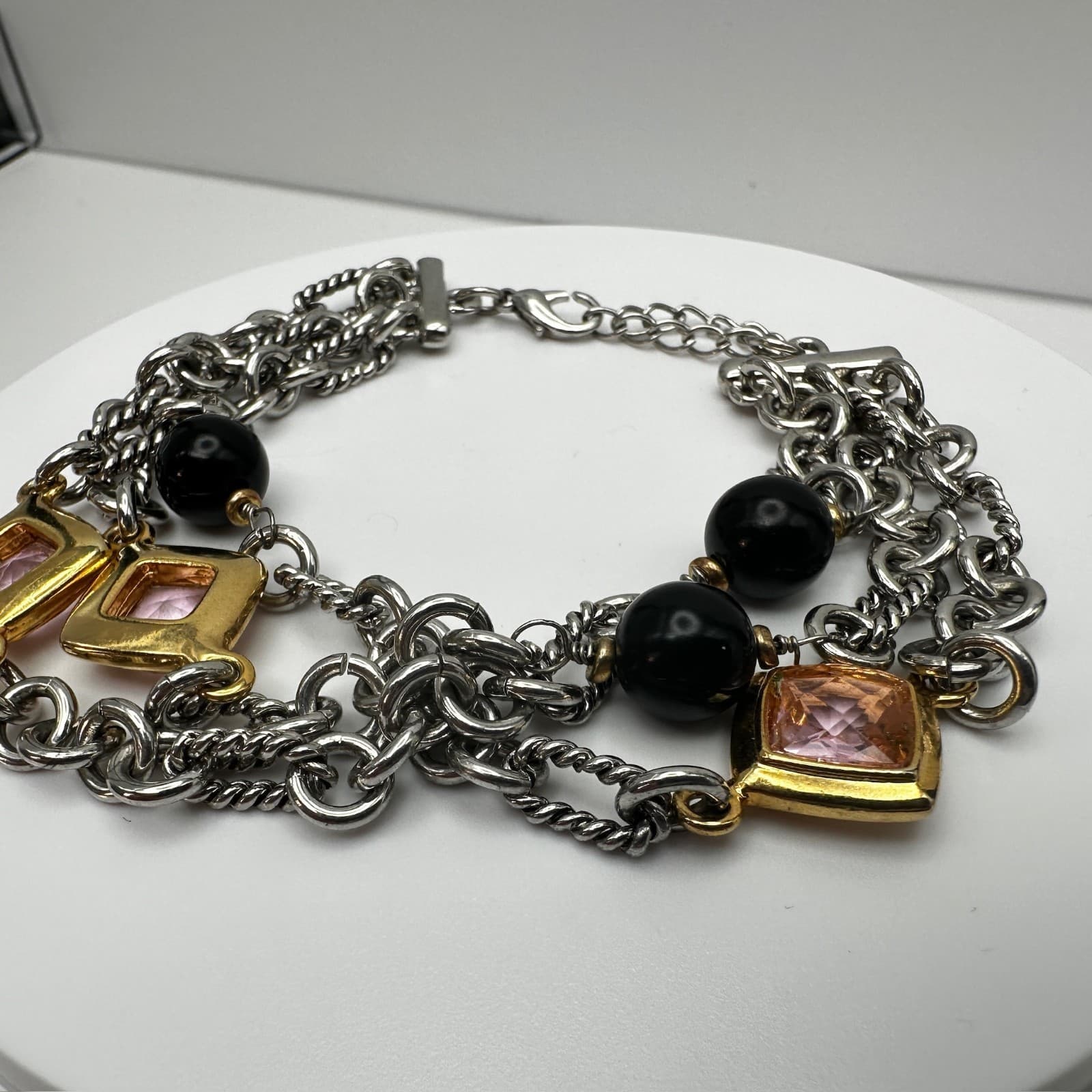 Vintage 90s Multi Chain Pink Crystal Black Bead Bracelet Silver Tone Jewelry - Thumbnail 5