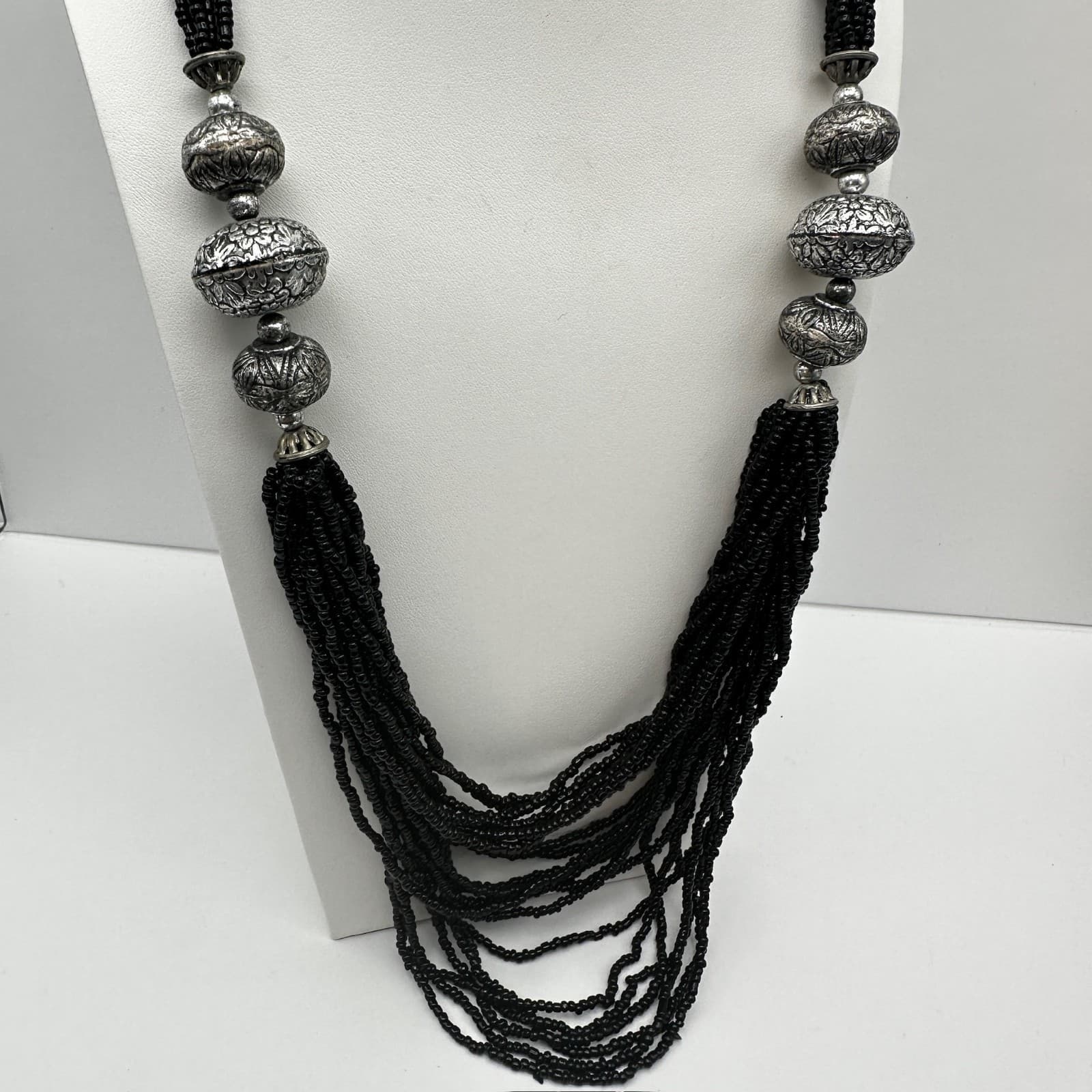 Vintage 90s Multi Strand Black Necklace Floral Beads Silver Tone Women's Jewelry - Thumbnail 3