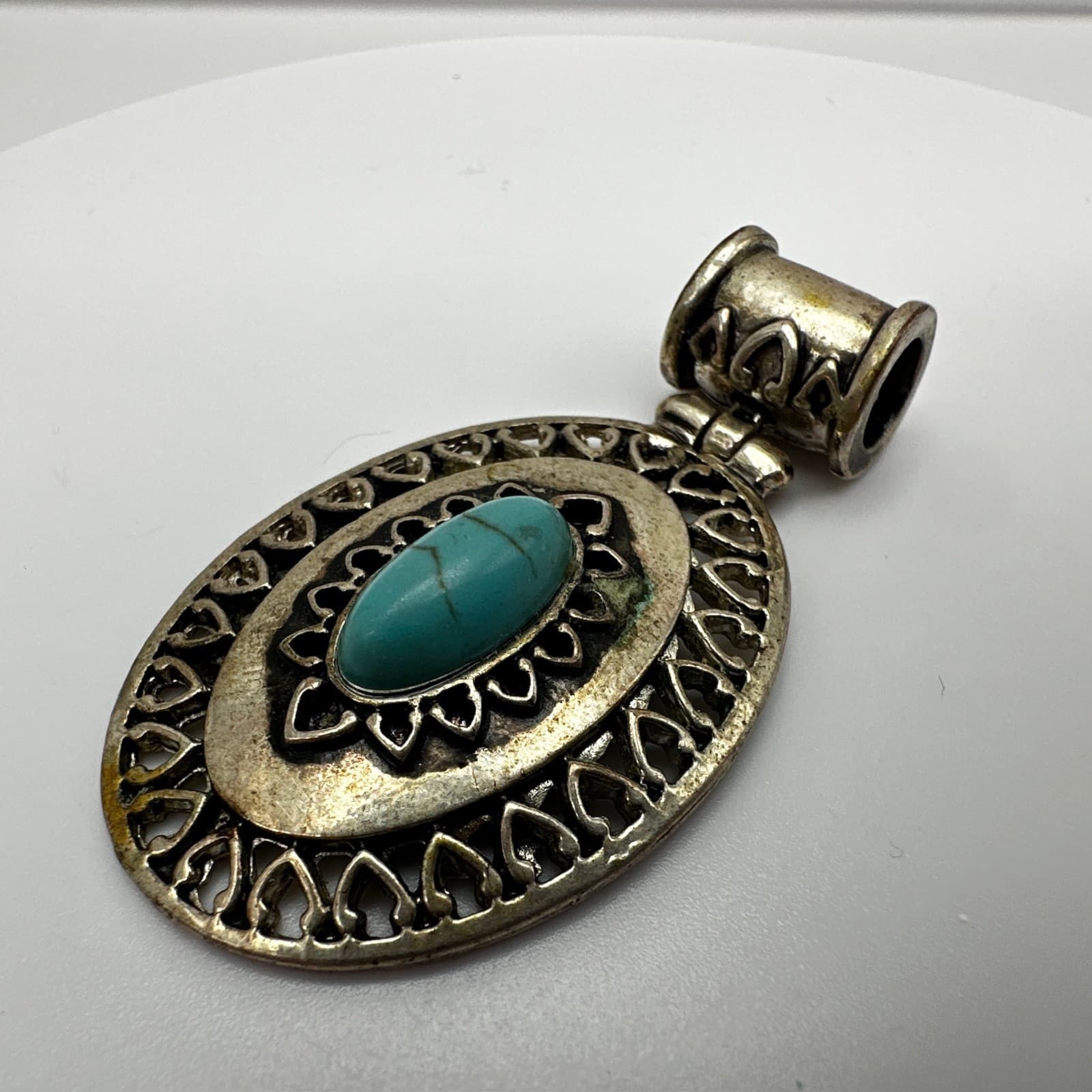 Vintage 90s Blue Stone Faux Turquoise Oval Pendant Silver Tone Women's Jewelry - Thumbnail 6