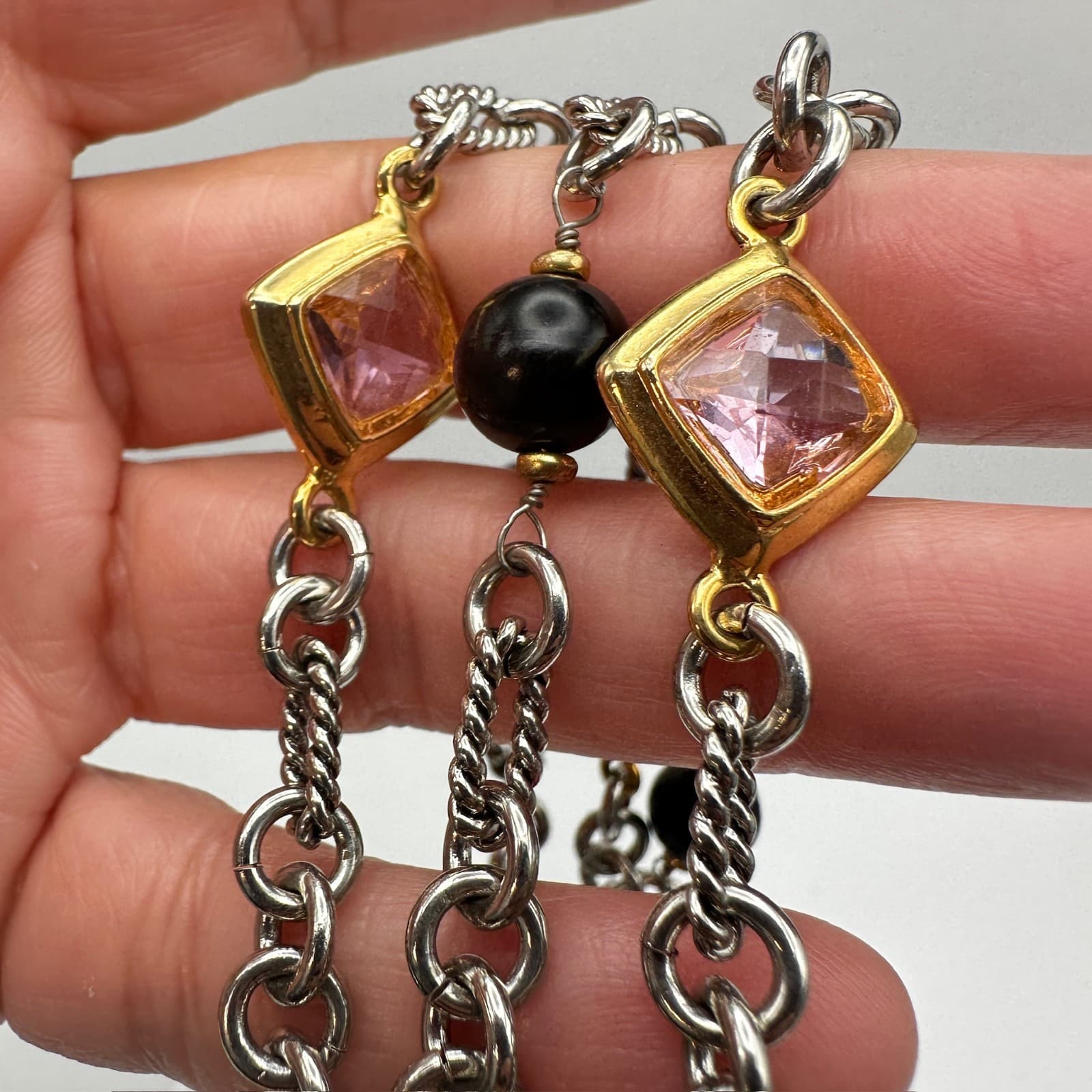 Vintage 90s Multi Chain Pink Crystal Black Bead Bracelet Silver Tone Jewelry - Thumbnail 9