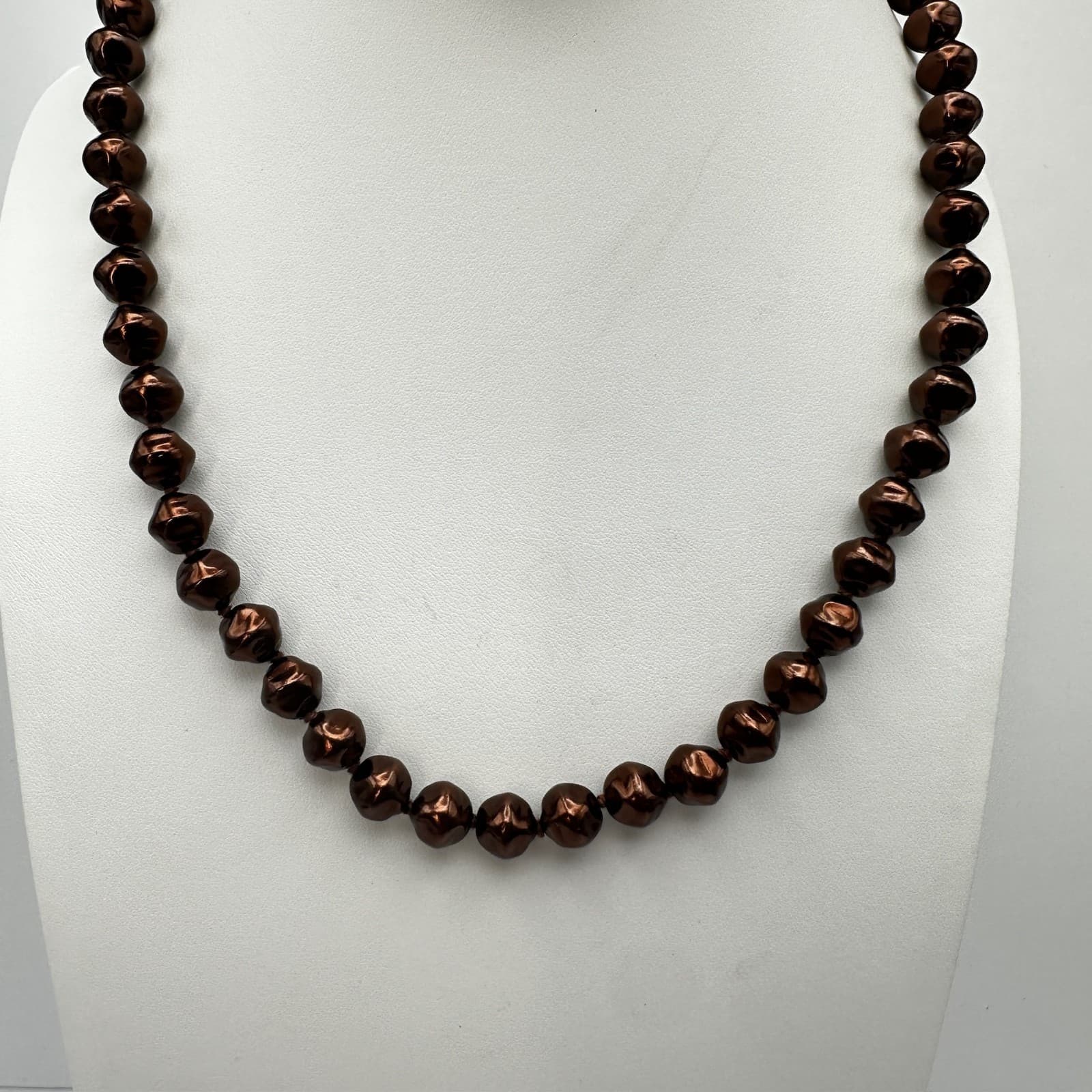 Vintage 90s Bronze Tone Pearl Knotted Necklace Gold Tone Clasp Women's Jewelry - Thumbnail 2