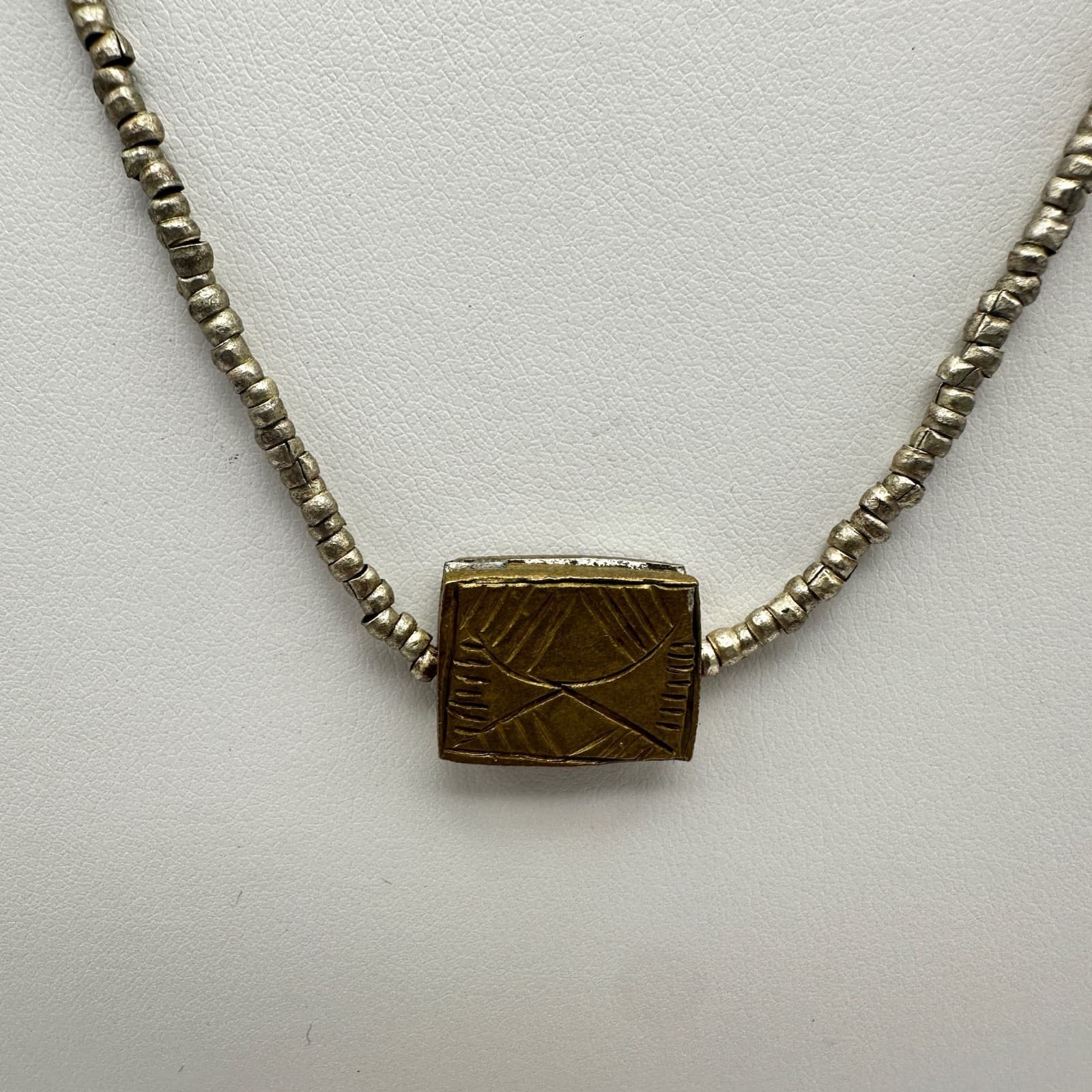 Vintage 90s Rectangular Etched Pendant Necklace Silver Tone Beads Jewelry - Thumbnail 2