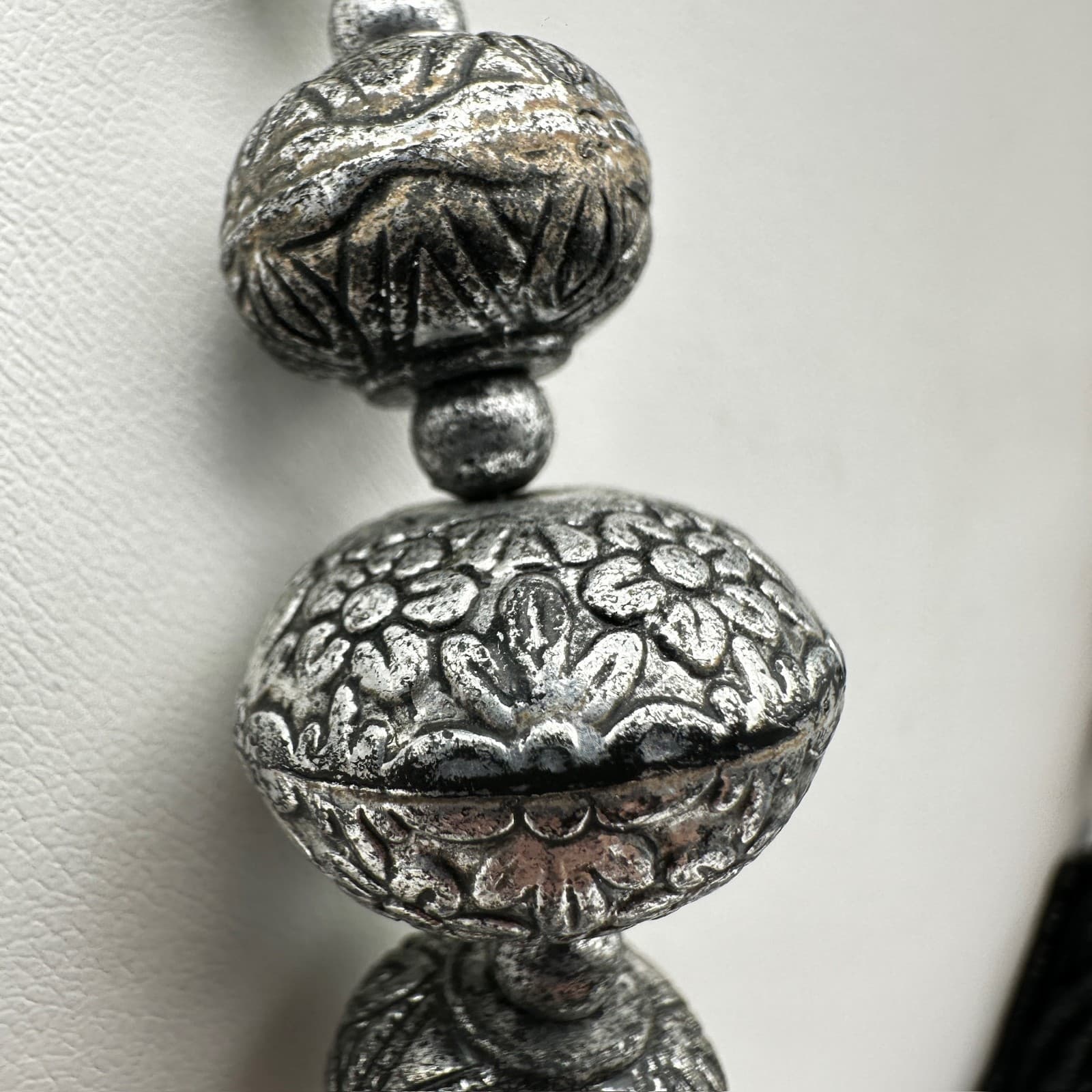 Vintage 90s Multi Strand Black Necklace Floral Beads Silver Tone Women's Jewelry - Thumbnail 6