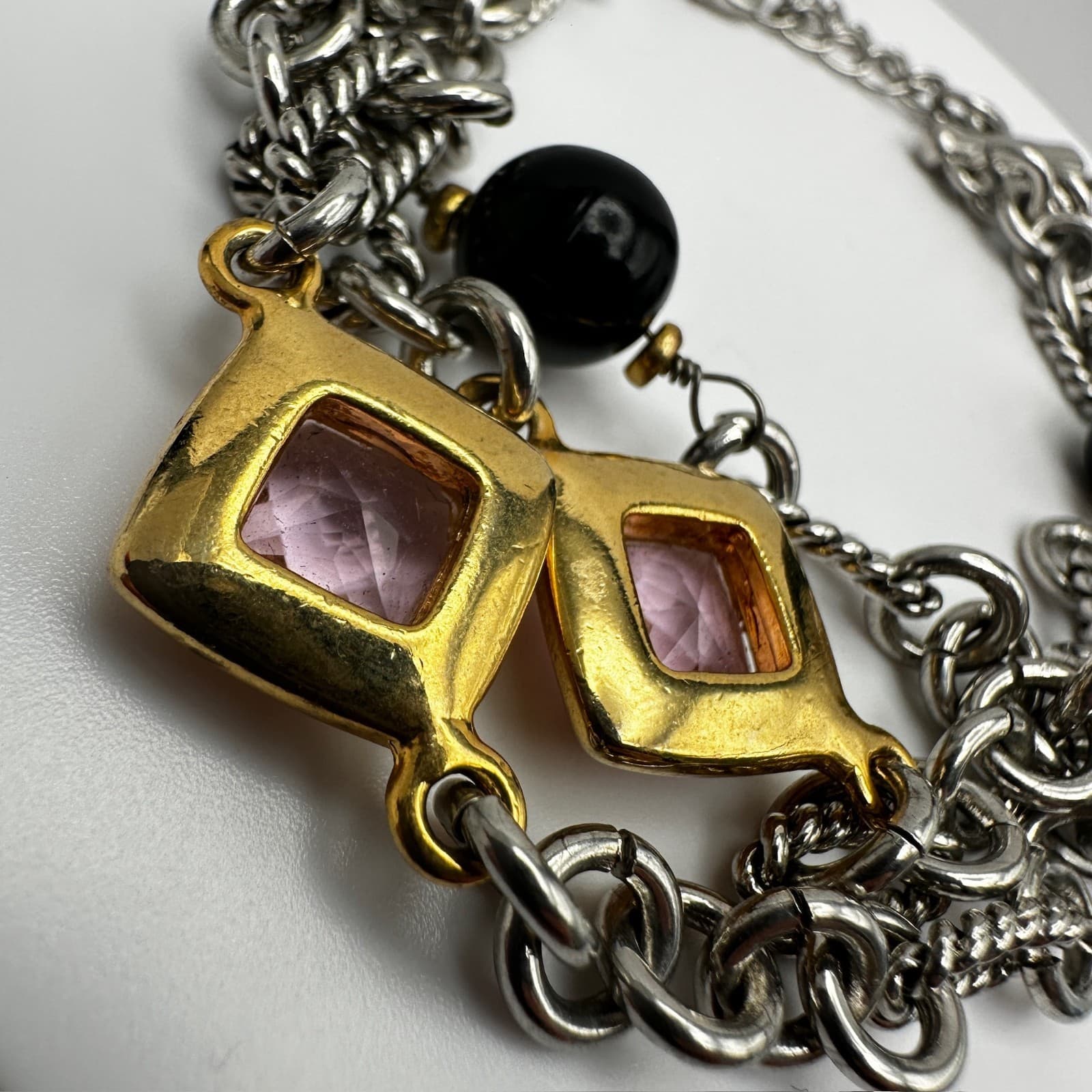 Vintage 90s Multi Chain Pink Crystal Black Bead Bracelet Silver Tone Jewelry - Thumbnail 4