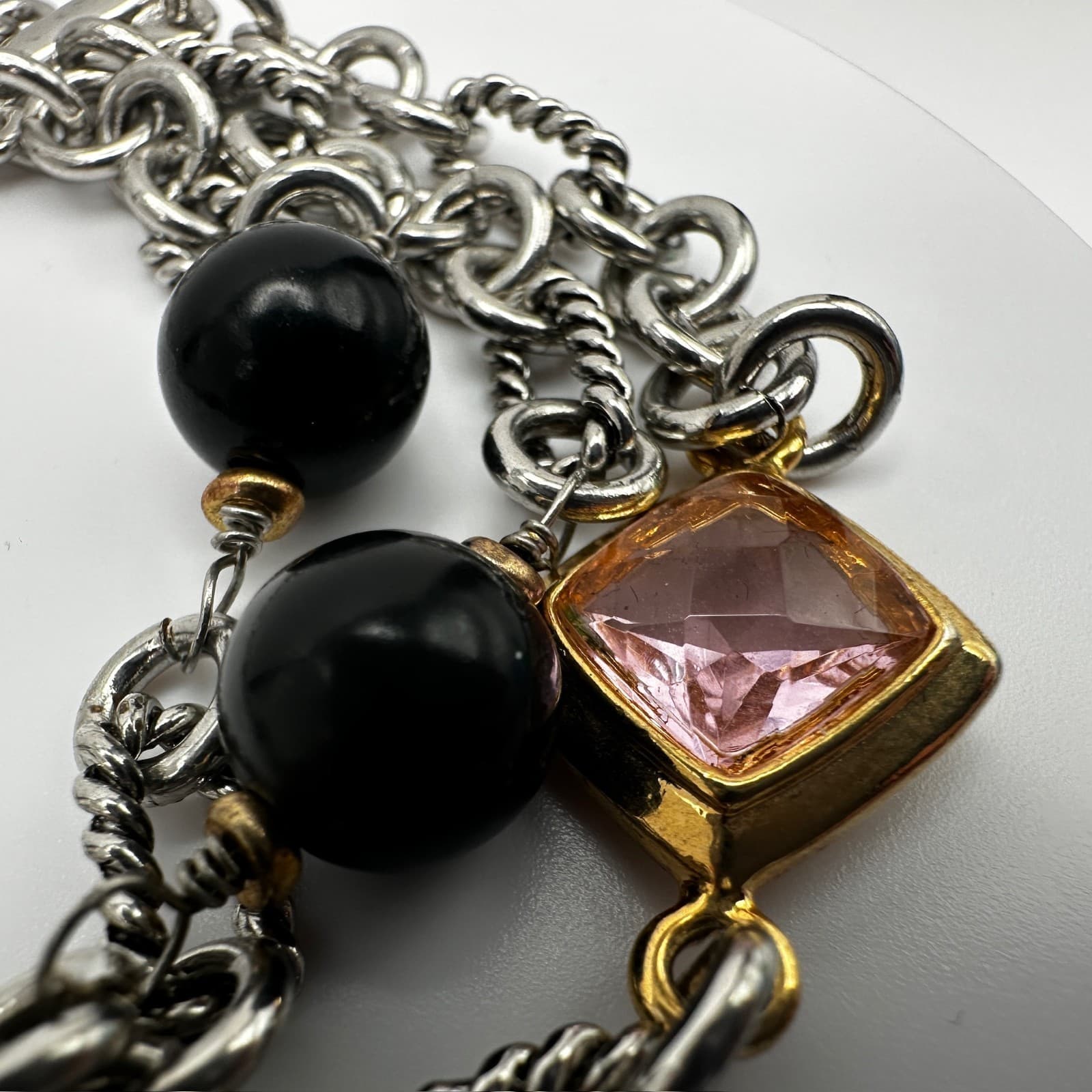 Vintage 90s Multi Chain Pink Crystal Black Bead Bracelet Silver Tone Jewelry - Thumbnail 7