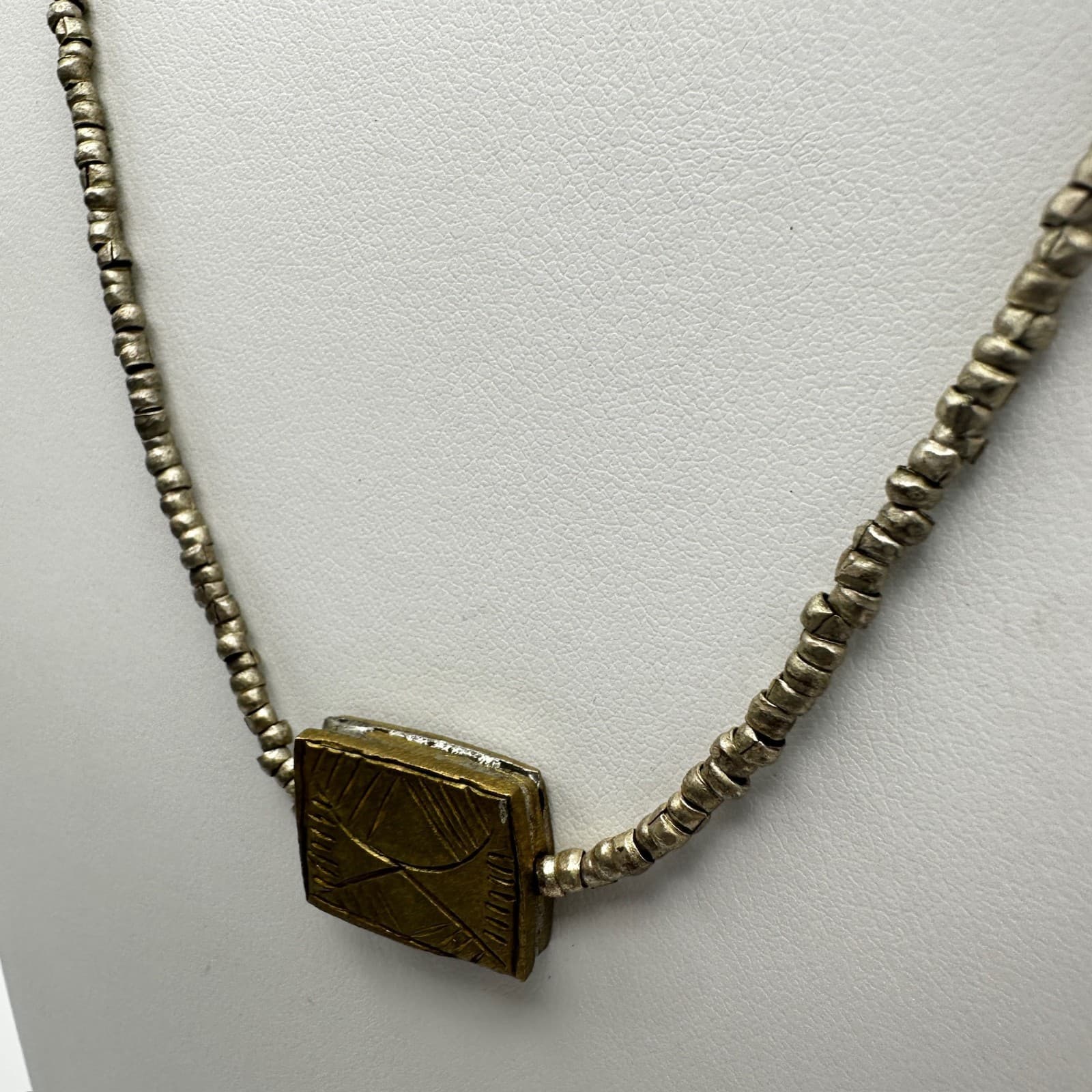 Vintage 90s Rectangular Etched Pendant Necklace Silver Tone Beads Jewelry - Thumbnail 7
