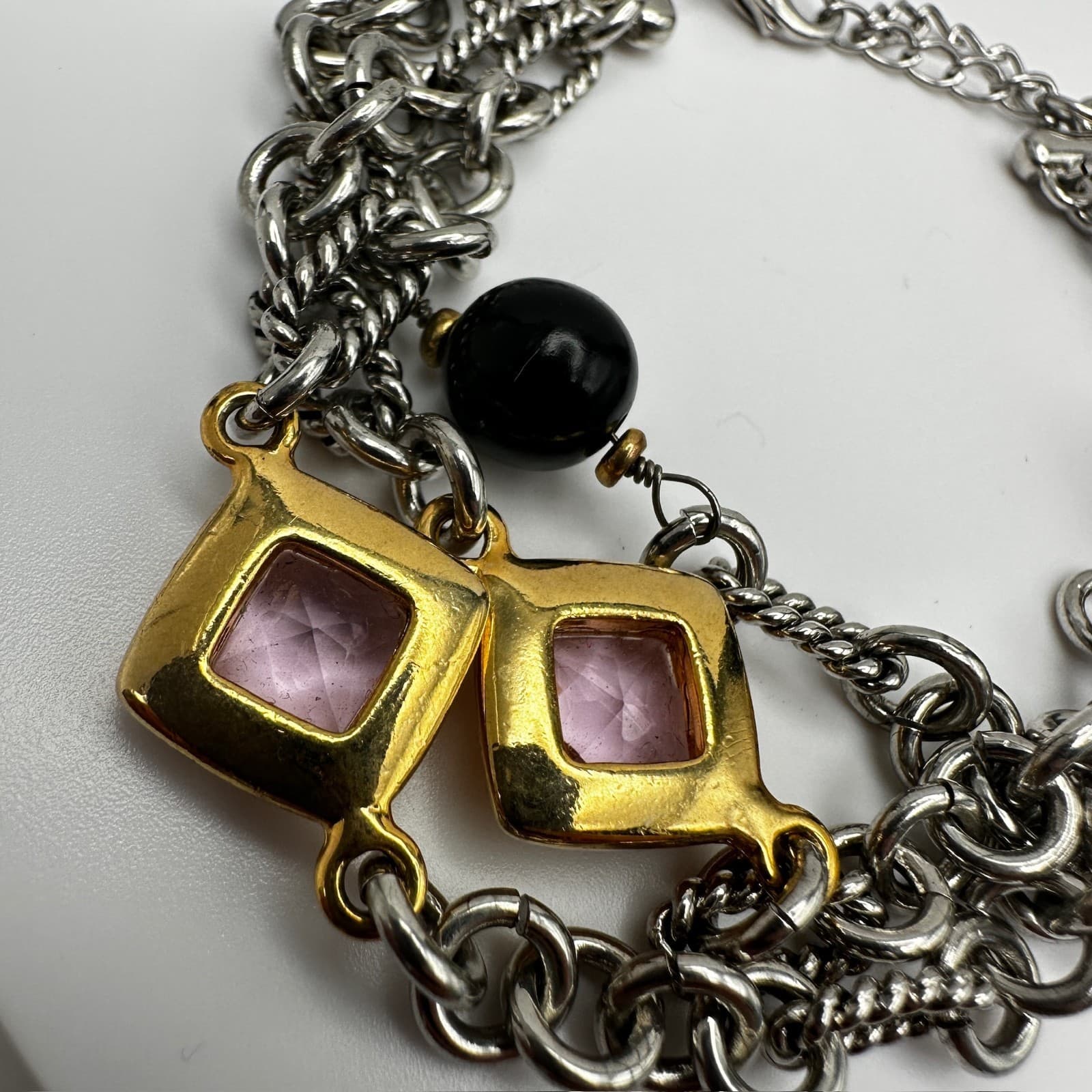 Vintage 90s Multi Chain Pink Crystal Black Bead Bracelet Silver Tone Jewelry - Thumbnail 3