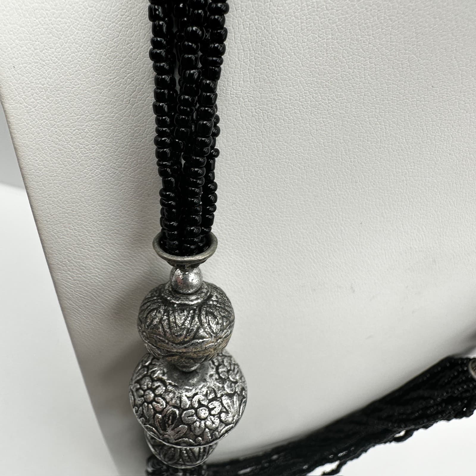 Vintage 90s Multi Strand Black Necklace Floral Beads Silver Tone Women's Jewelry - Thumbnail 11