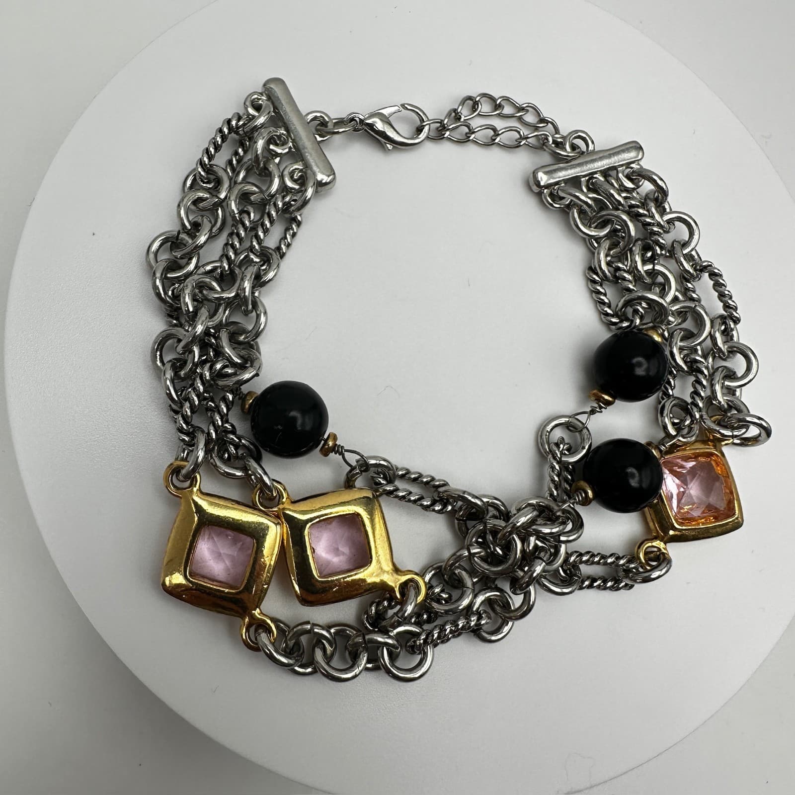 Vintage 90s Multi Chain Pink Crystal Black Bead Bracelet Silver Tone Jewelry - Thumbnail 2