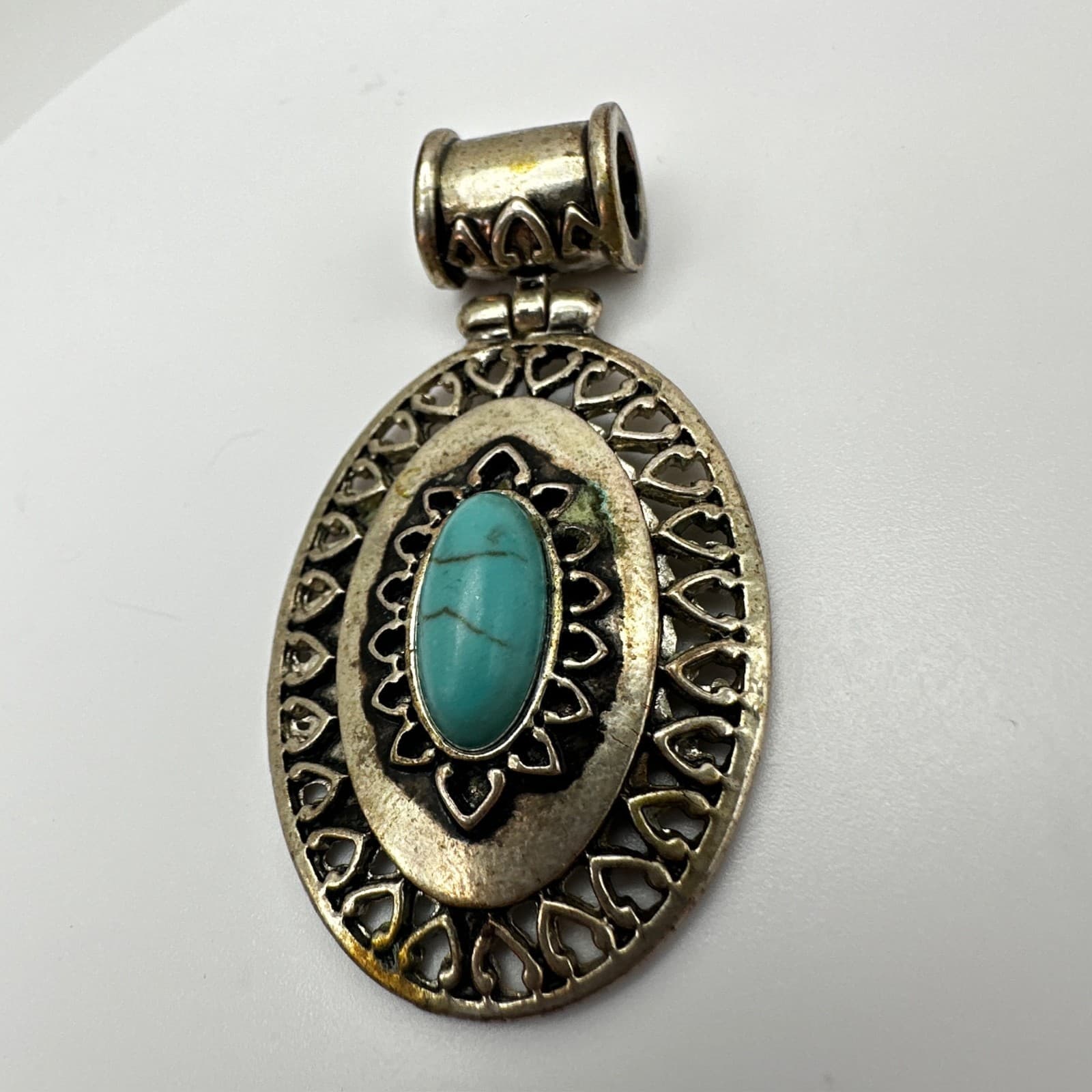Vintage 90s Blue Stone Faux Turquoise Oval Pendant Silver Tone Women's Jewelry - Thumbnail 4