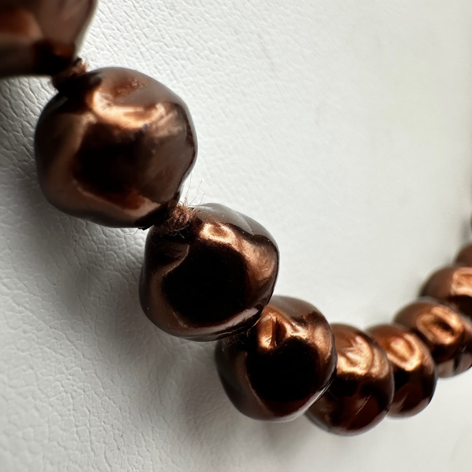 Vintage 90s Bronze Tone Pearl Knotted Necklace Gold Tone Clasp Women's Jewelry - Thumbnail 8