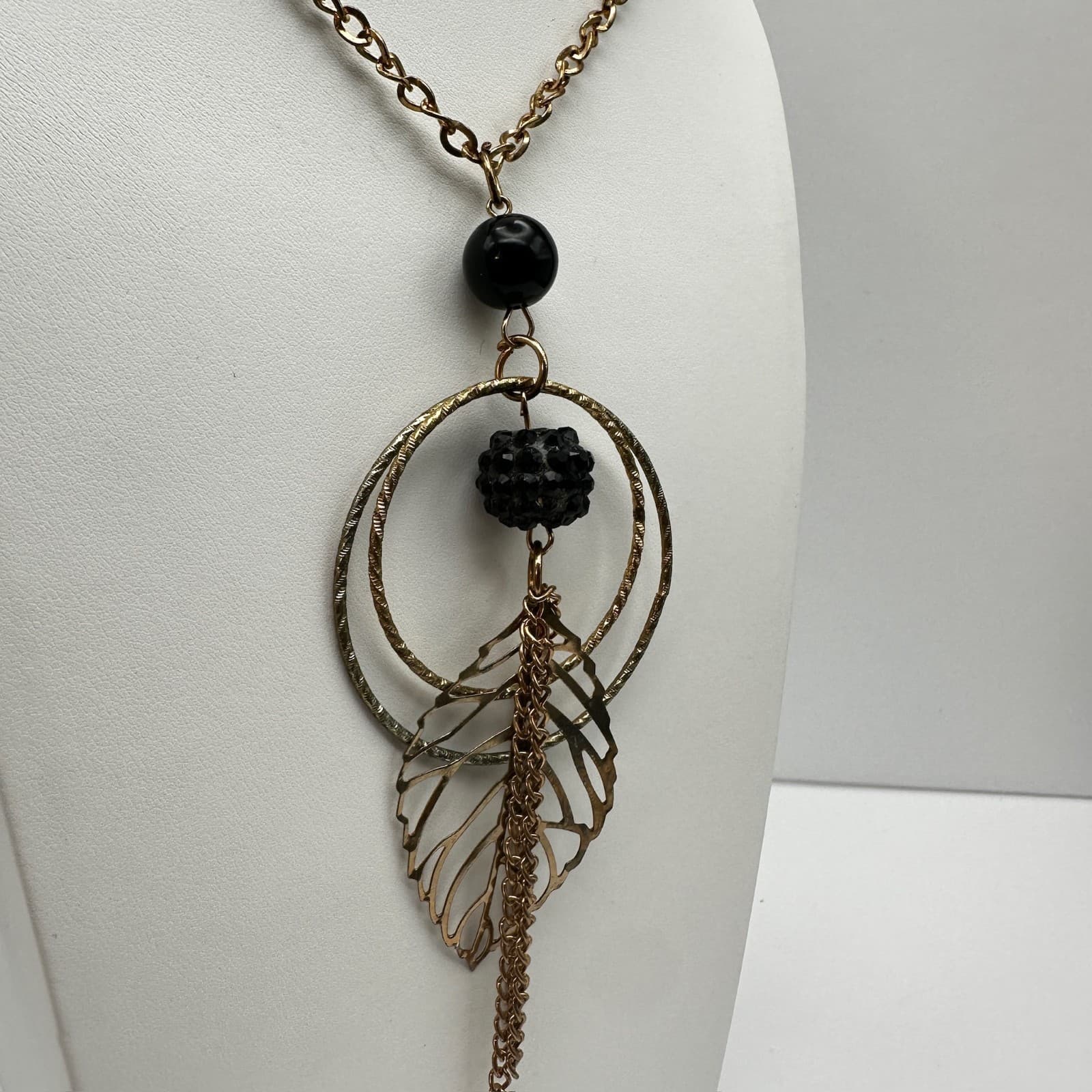 Vintage 90s Leaf Black Double Hoop Pendant Necklace Gold Tone Women's Jewelry - Thumbnail 10