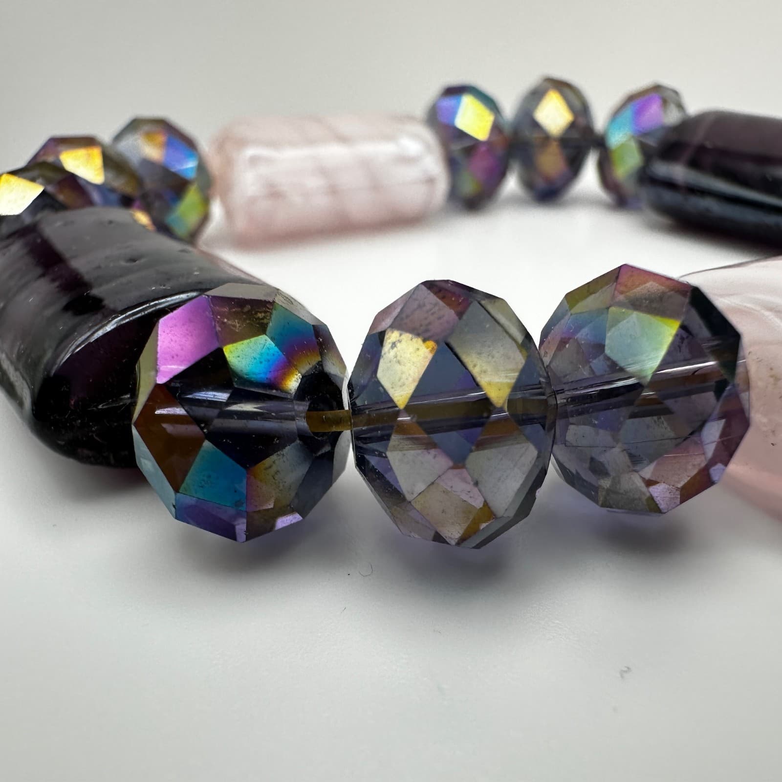 Vintage 90s Art Glass Bead Stretch Bracelet Iridescent Boho Women's Jewelry - Thumbnail 6