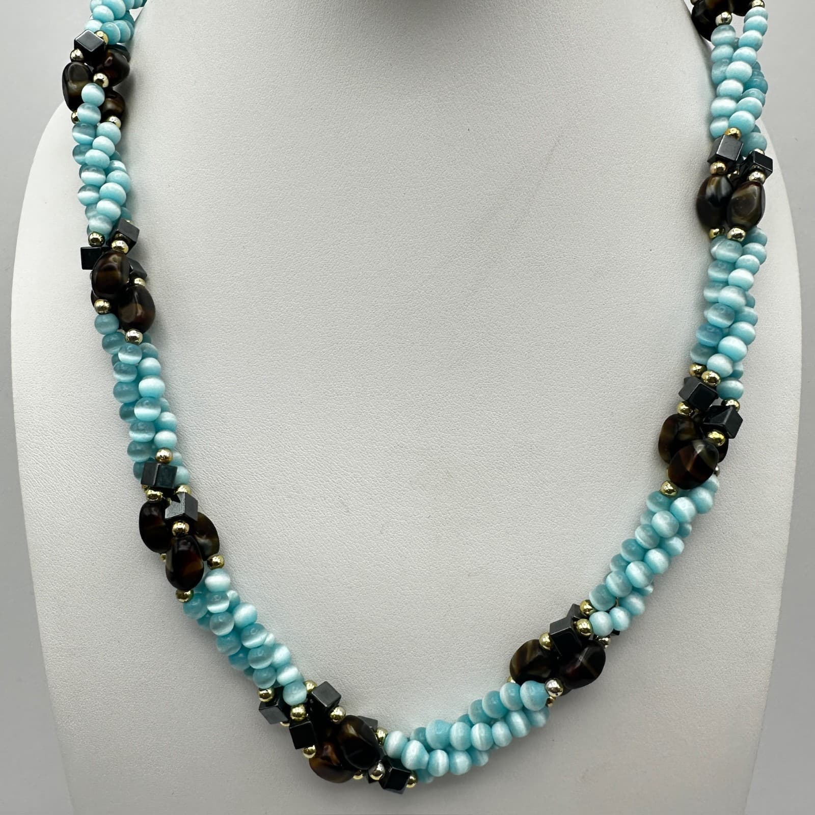Vintage 90s Aqua Frosted Glass Beaded Layered Necklace Silver Tone Jewelry - Thumbnail 9