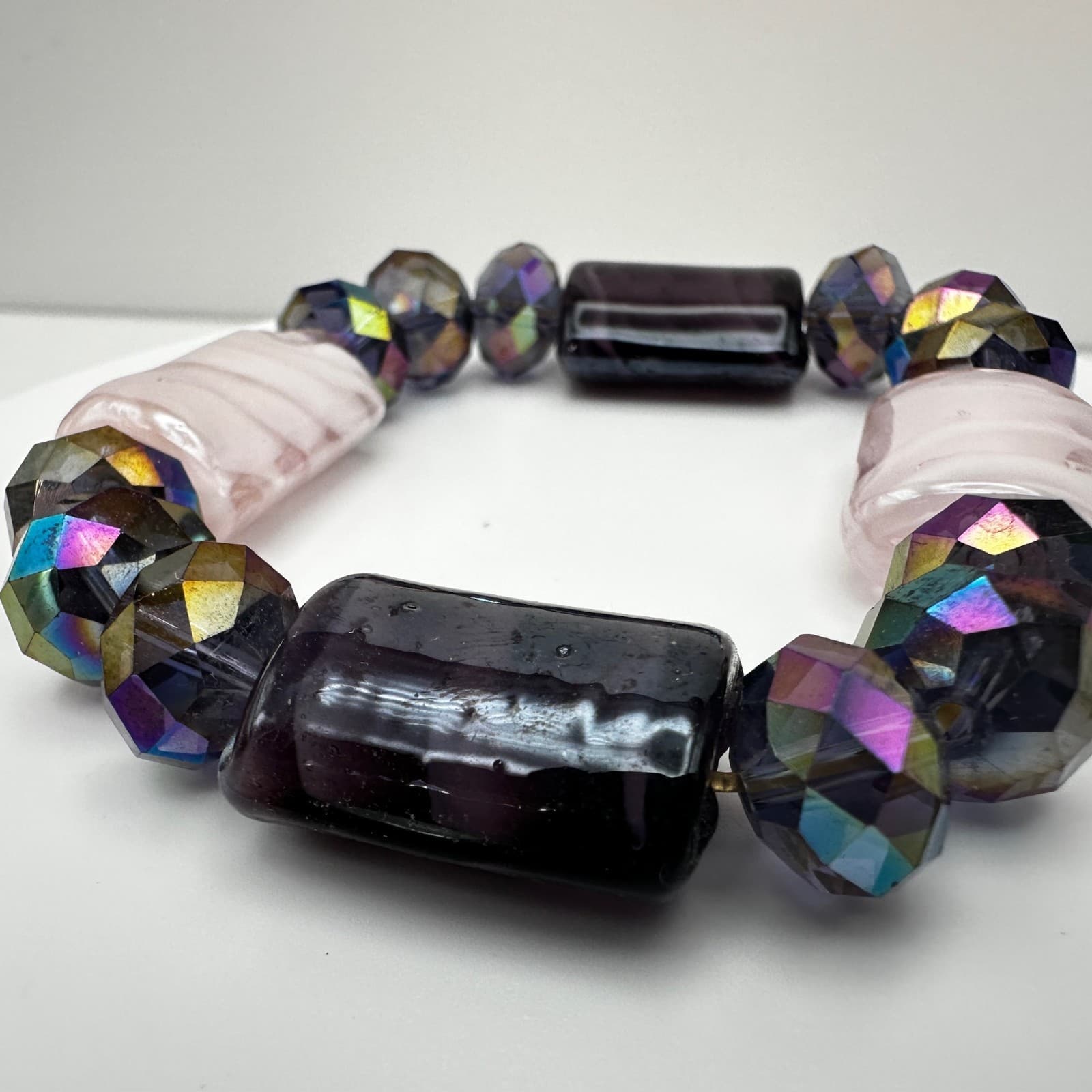 Vintage 90s Art Glass Bead Stretch Bracelet Iridescent Boho Women's Jewelry - Thumbnail 4