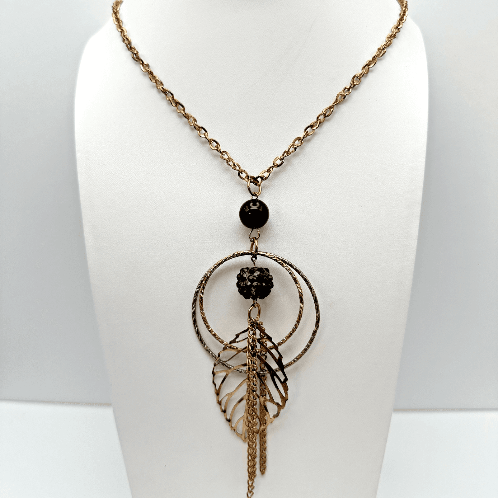 Vintage 90s Leaf Black Double Hoop Pendant Necklace Gold Tone Women's Jewelry - Image 1