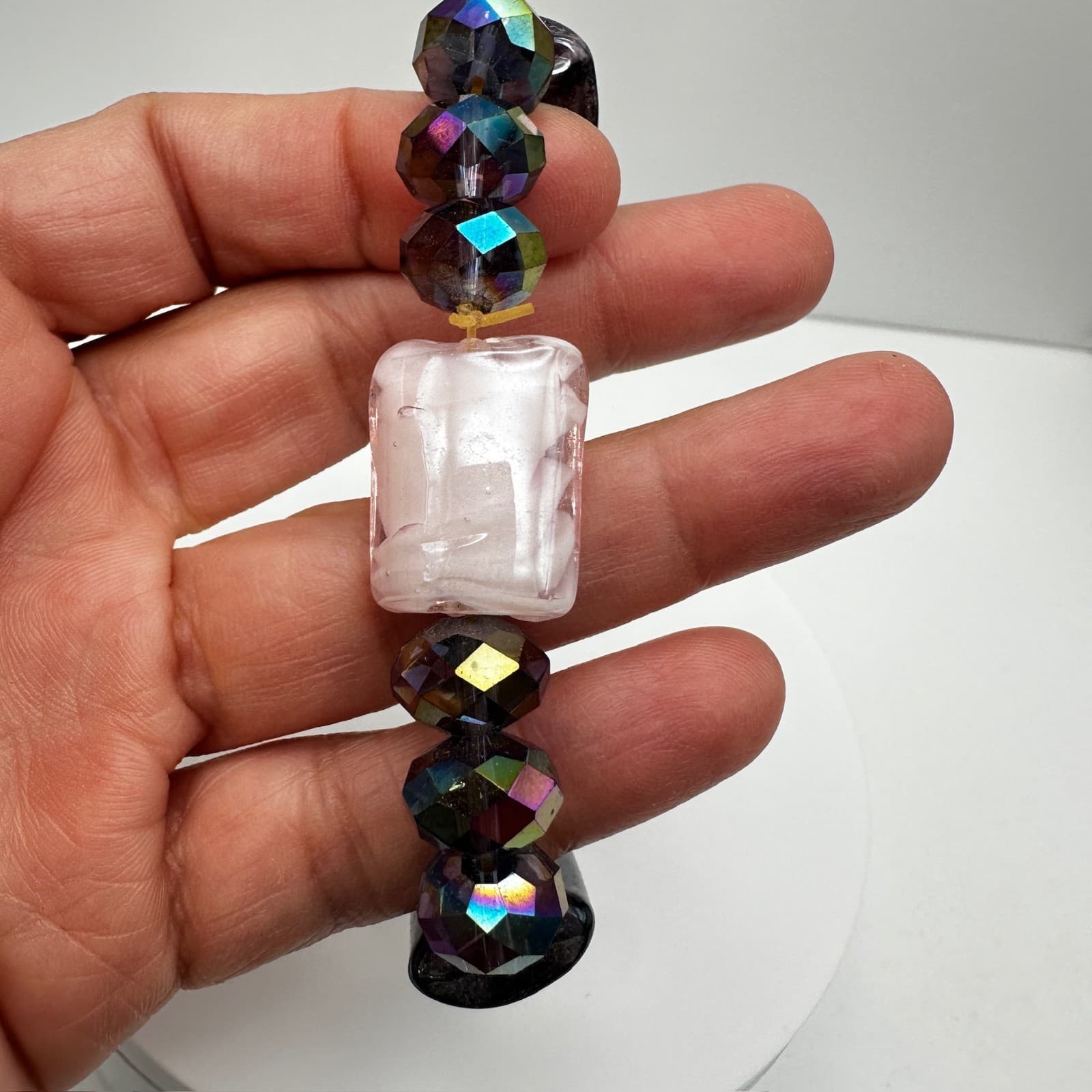 Vintage 90s Art Glass Bead Stretch Bracelet Iridescent Boho Women's Jewelry - Thumbnail 11