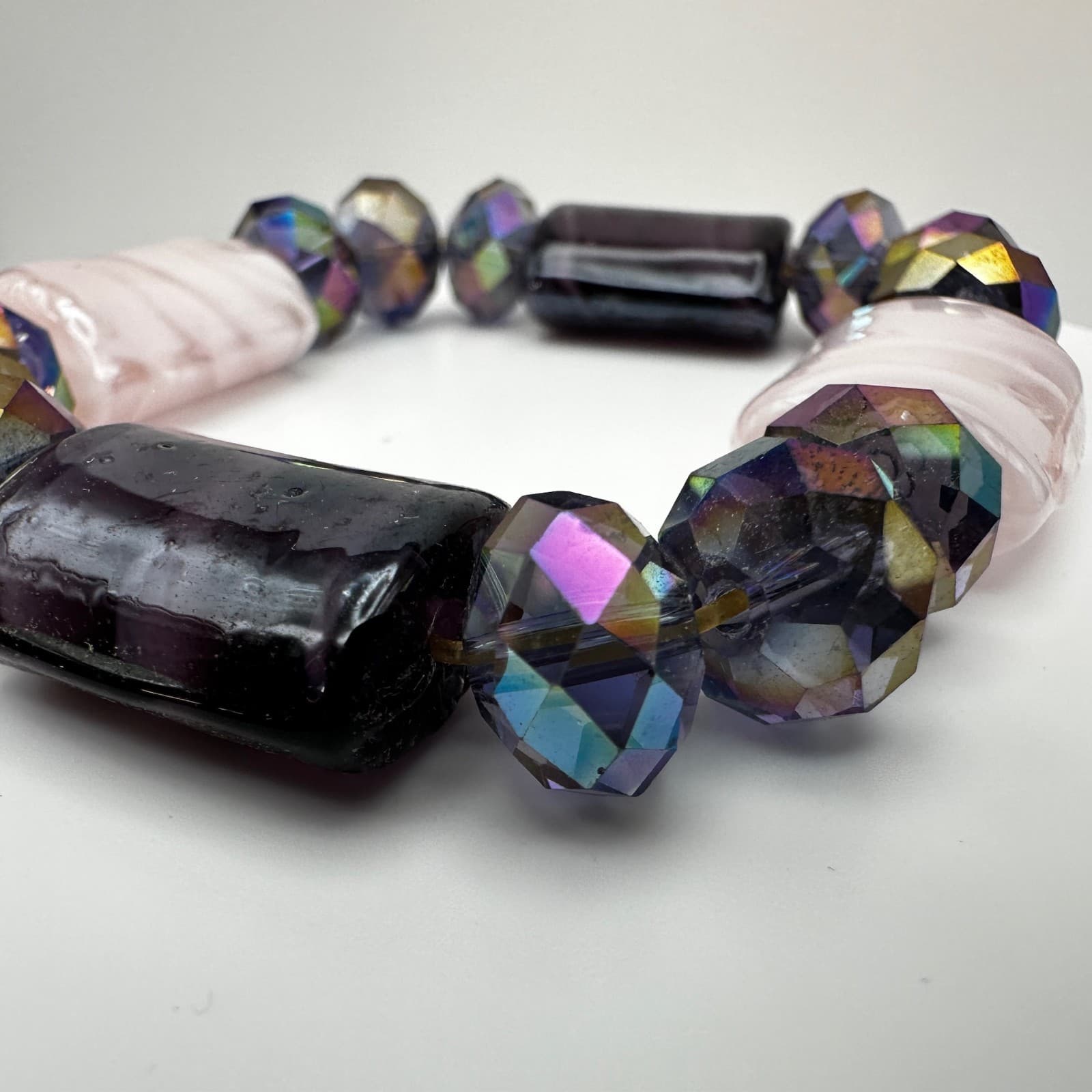 Vintage 90s Art Glass Bead Stretch Bracelet Iridescent Boho Women's Jewelry - Thumbnail 5