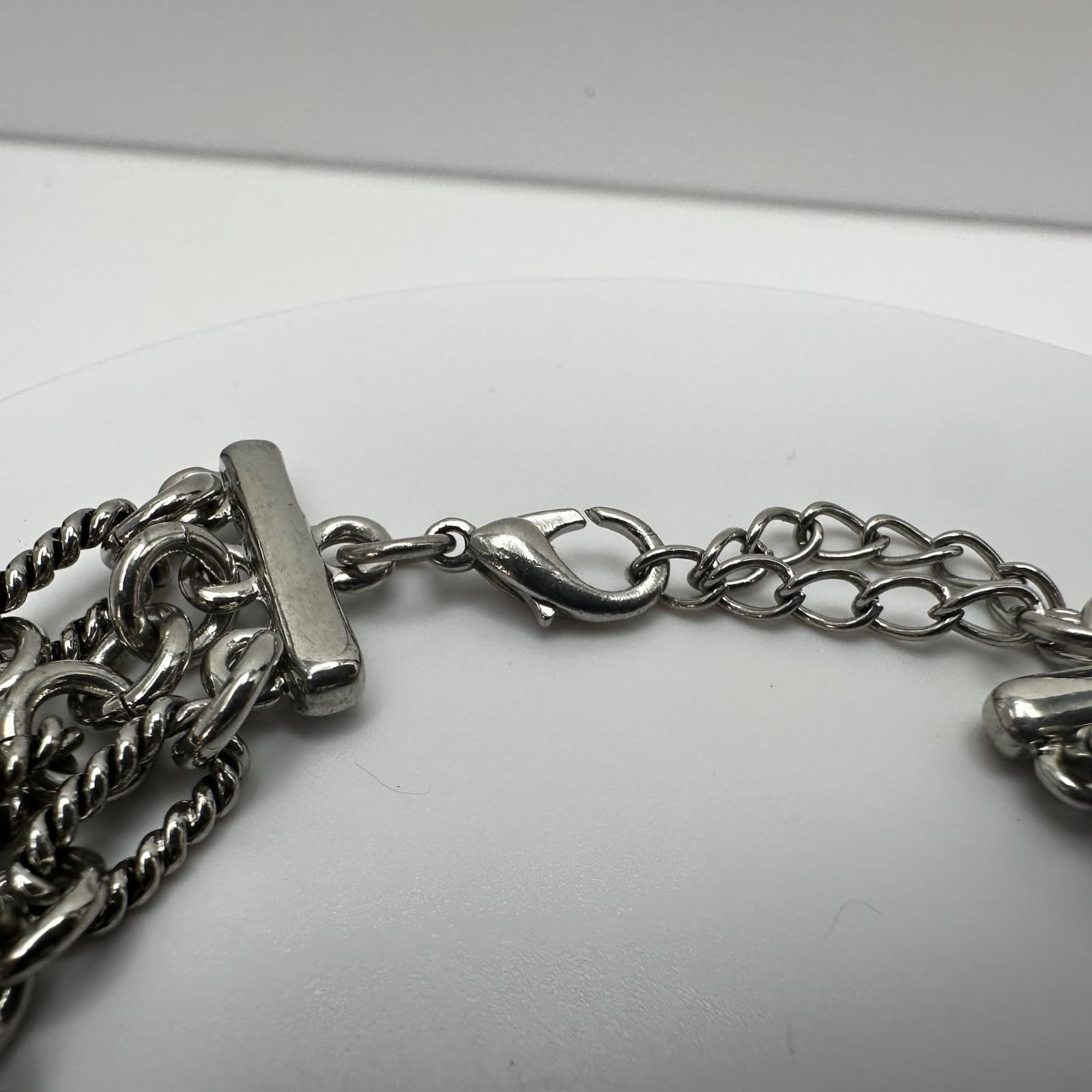 Vintage 90s Multi Chain Pink Crystal Black Bead Bracelet Silver Tone Jewelry - Thumbnail 6