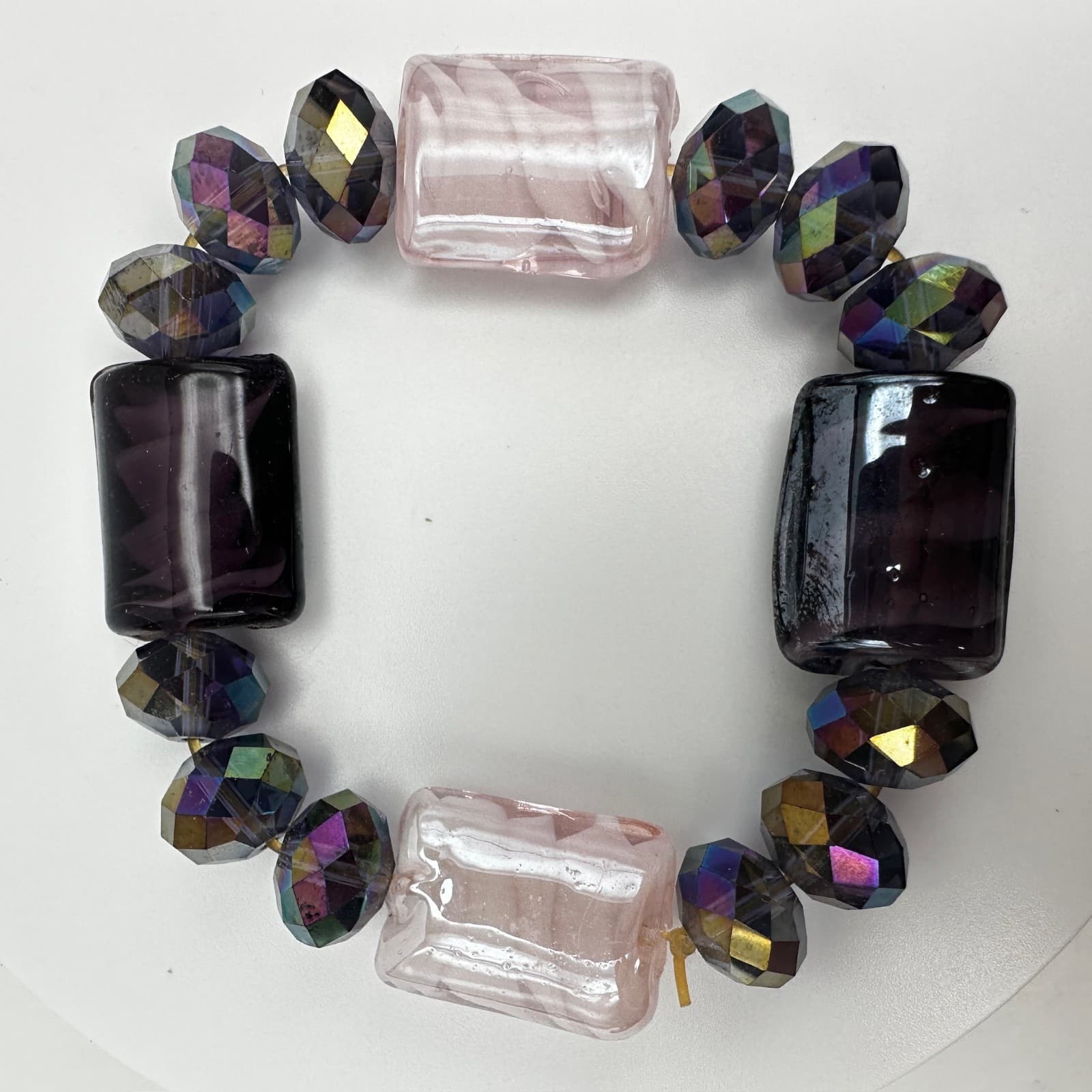 Vintage 90s Art Glass Bead Stretch Bracelet Iridescent Boho Women's Jewelry - Thumbnail 9