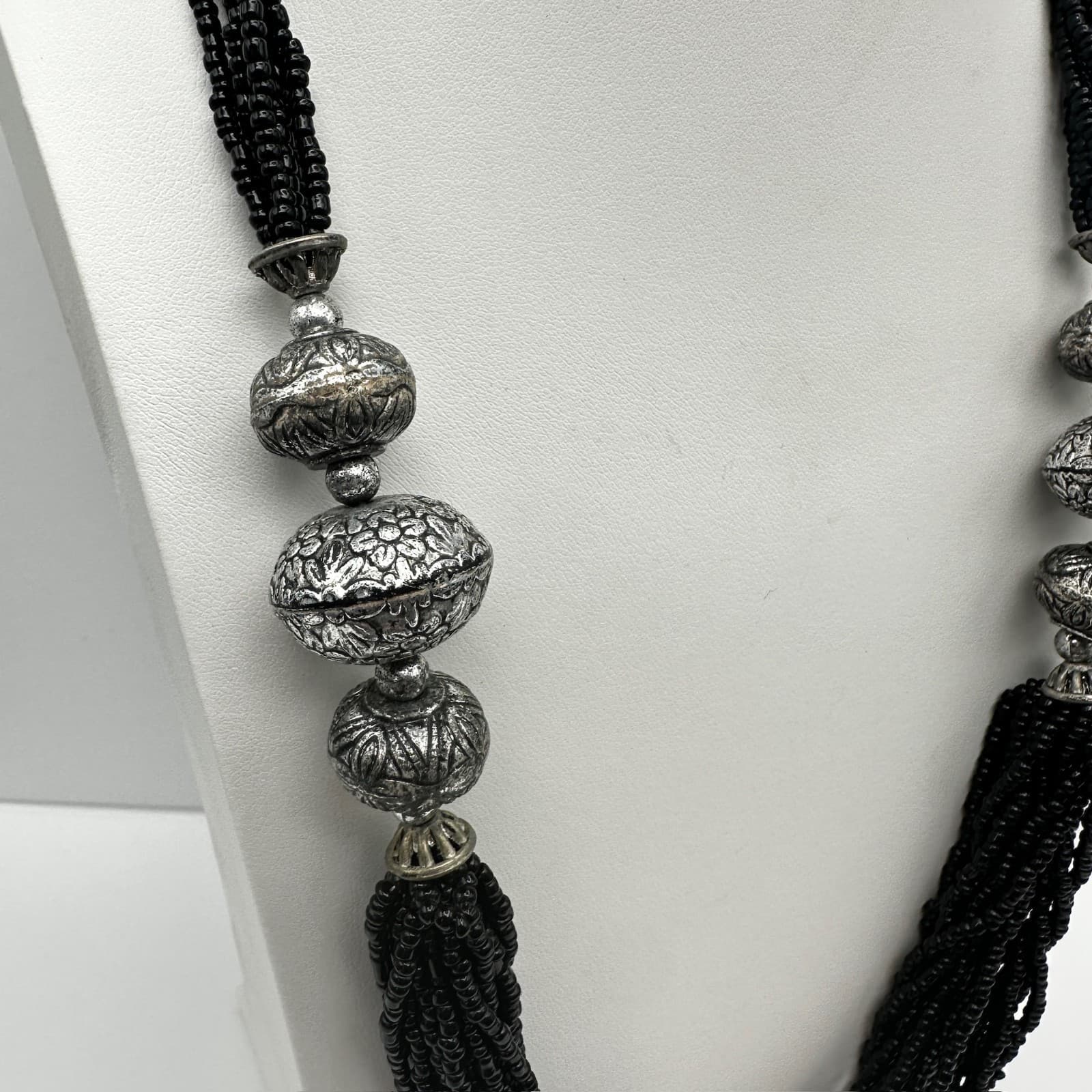 Vintage 90s Multi Strand Black Necklace Floral Beads Silver Tone Women's Jewelry - Thumbnail 4