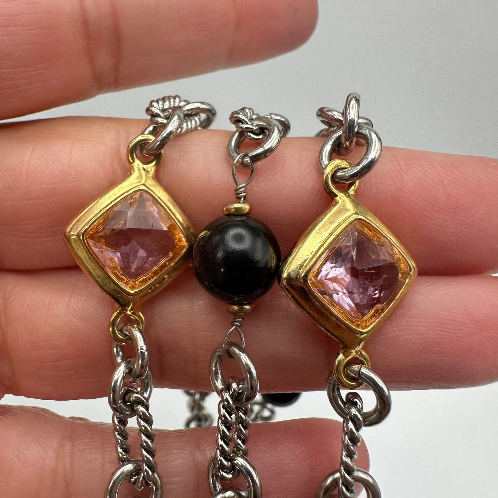 Vintage 90s Multi Chain Pink Crystal Black Bead Bracelet Silver Tone Jewelry - Thumbnail 8