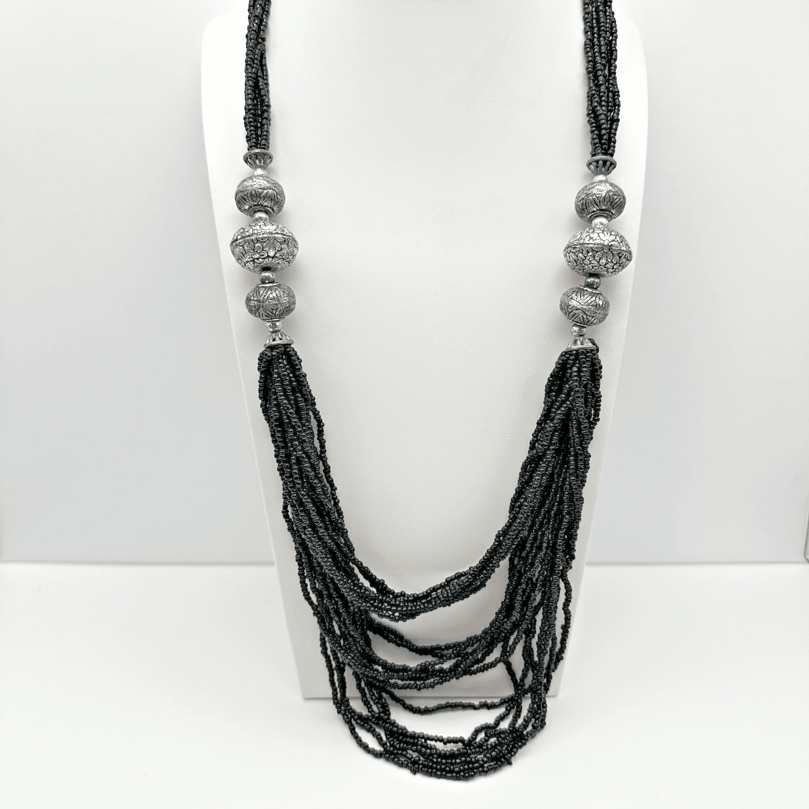 Vintage 90s Multi Strand Black Necklace Floral Beads Silver Tone Women's Jewelry - Image 1