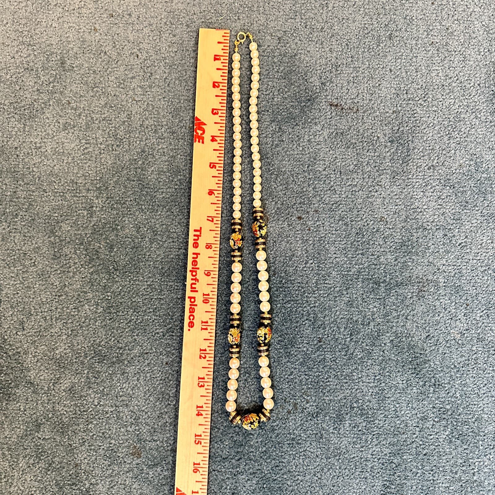 VTG Faux Pearl Necklace Black Hand Painted Floral Beads Gold Tone 14.5 in Choker - Thumbnail 2