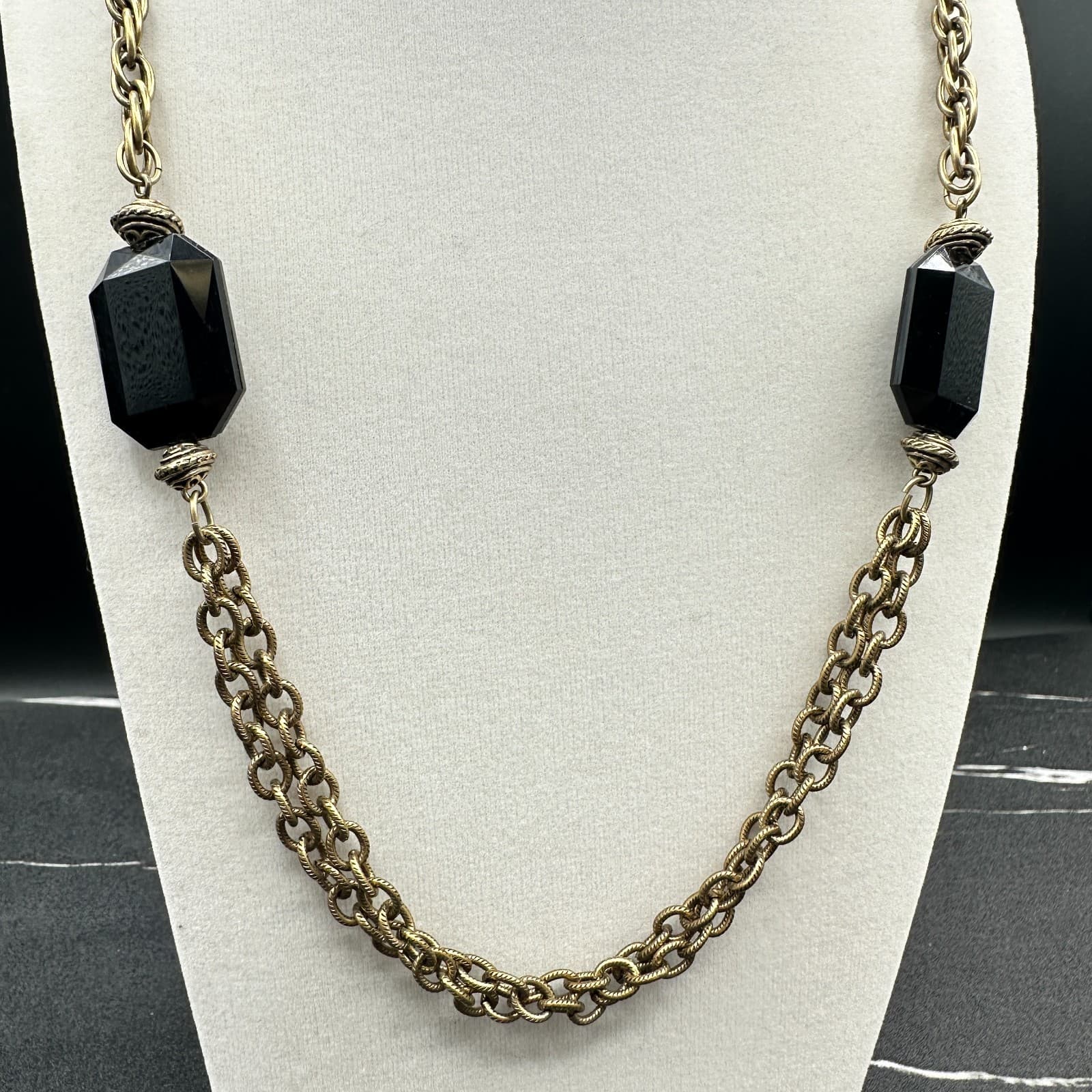 Vintage 90s Brass Tone Black Faceted Stone Long Statement Necklace Jewelry - Thumbnail 2