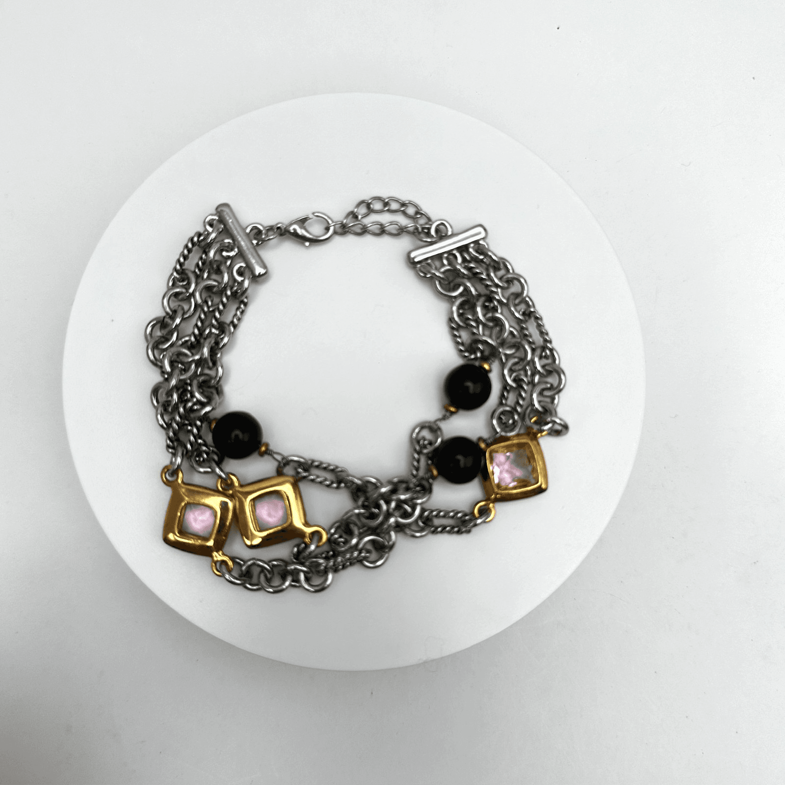 Vintage 90s Multi Chain Pink Crystal Black Bead Bracelet Silver Tone Jewelry - Image 1