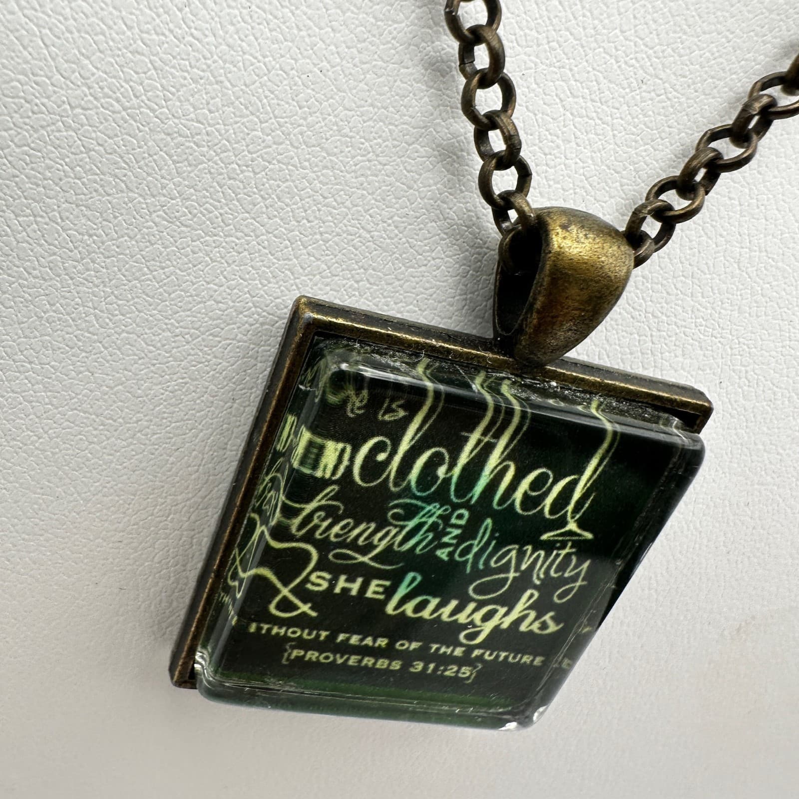 Vintage 90s Proverbs 31:25 Square Glass Pendant Necklace Bronze Tone Faith - Thumbnail 5