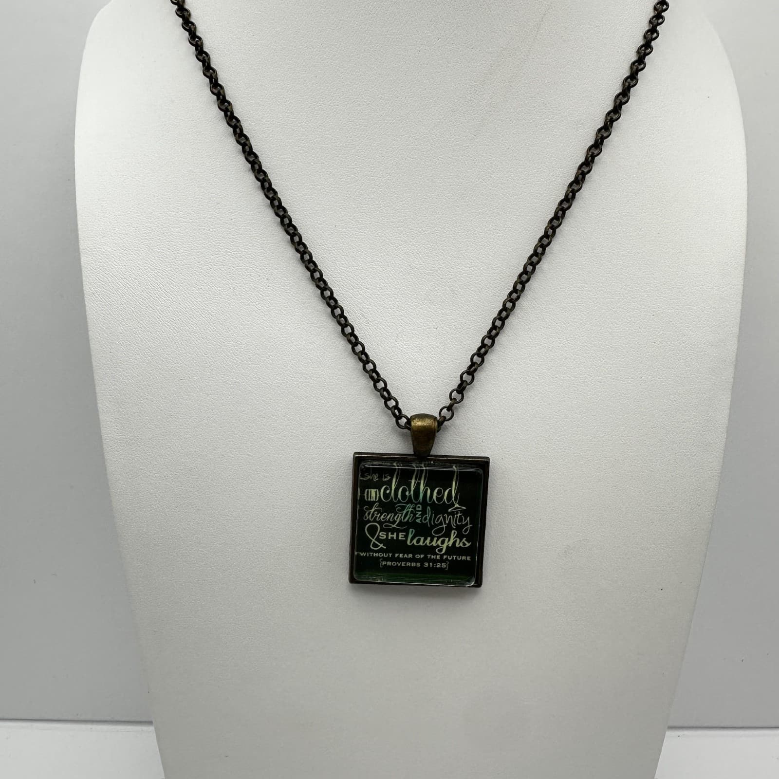 Vintage 90s Proverbs 31:25 Square Glass Pendant Necklace Bronze Tone Faith - Image 1