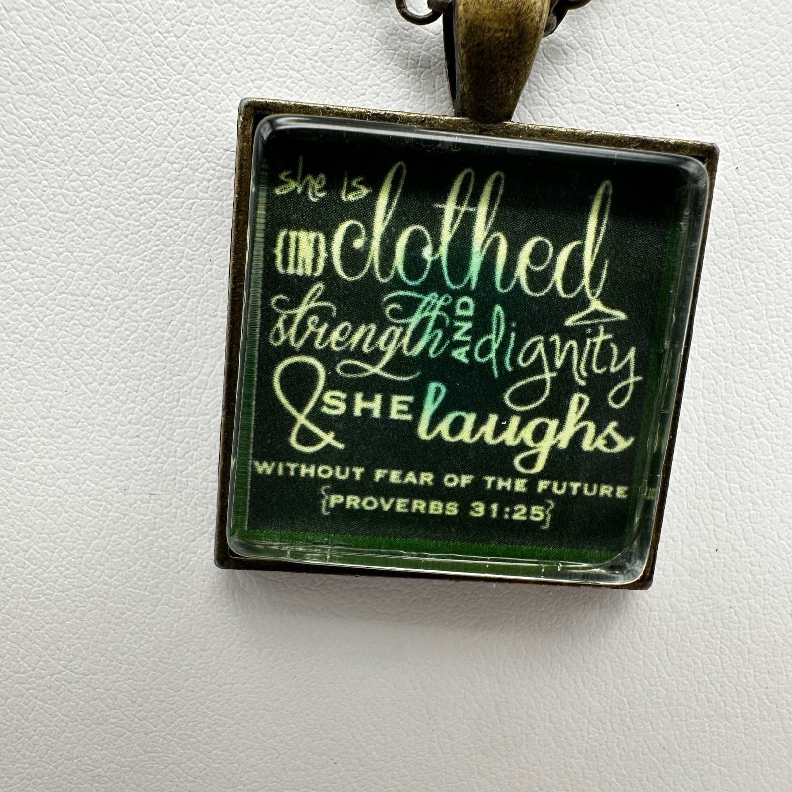 Vintage 90s Proverbs 31:25 Square Glass Pendant Necklace Bronze Tone Faith - Thumbnail 3