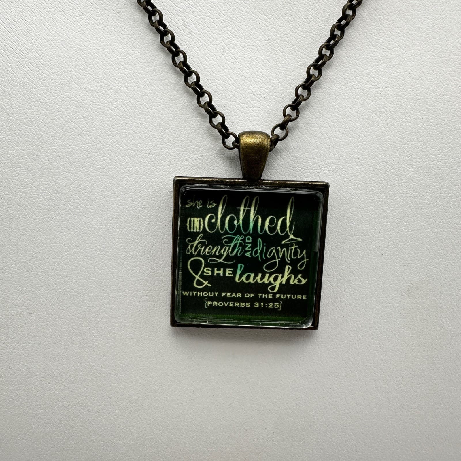 Vintage 90s Proverbs 31:25 Square Glass Pendant Necklace Bronze Tone Faith - Thumbnail 2