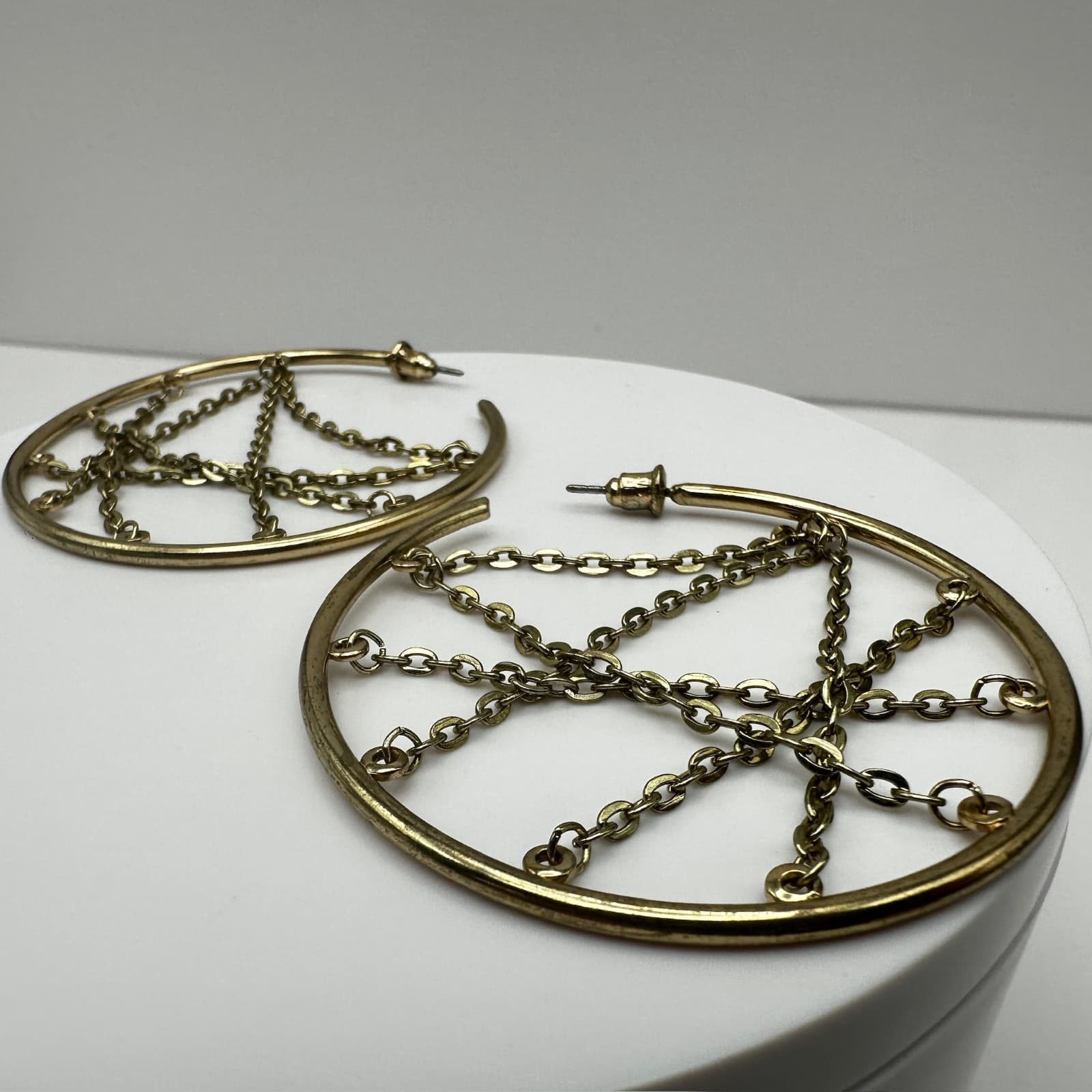 Vintage 90s Gold Tone Large Hoop Earrings Chain Web Geometric Women's Jewelry - Thumbnail 5