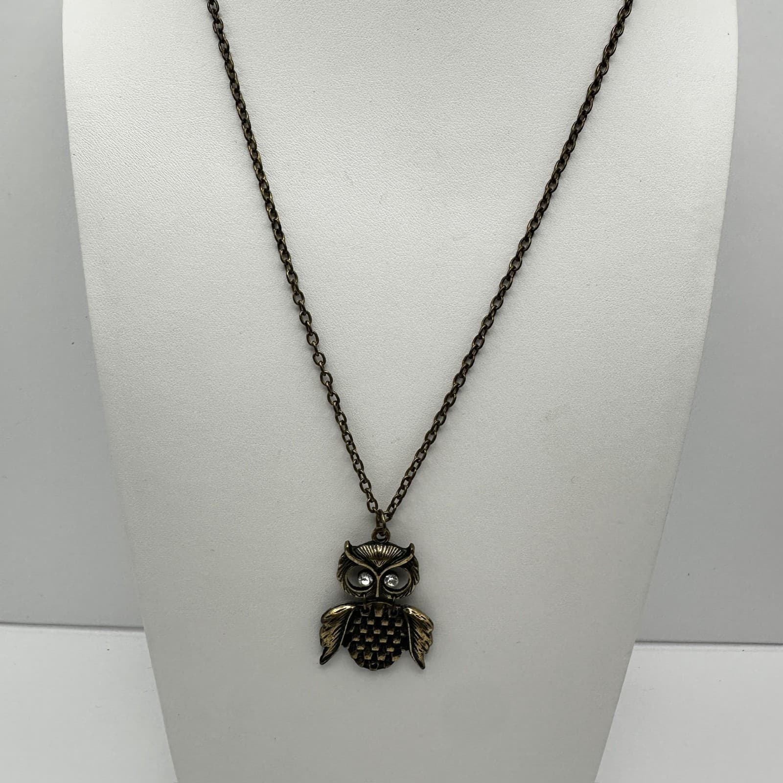 Vintage 90s Bronze Owl Pendant Necklace Crystal Eyes Boho Whimsical Jewelry - Thumbnail 3