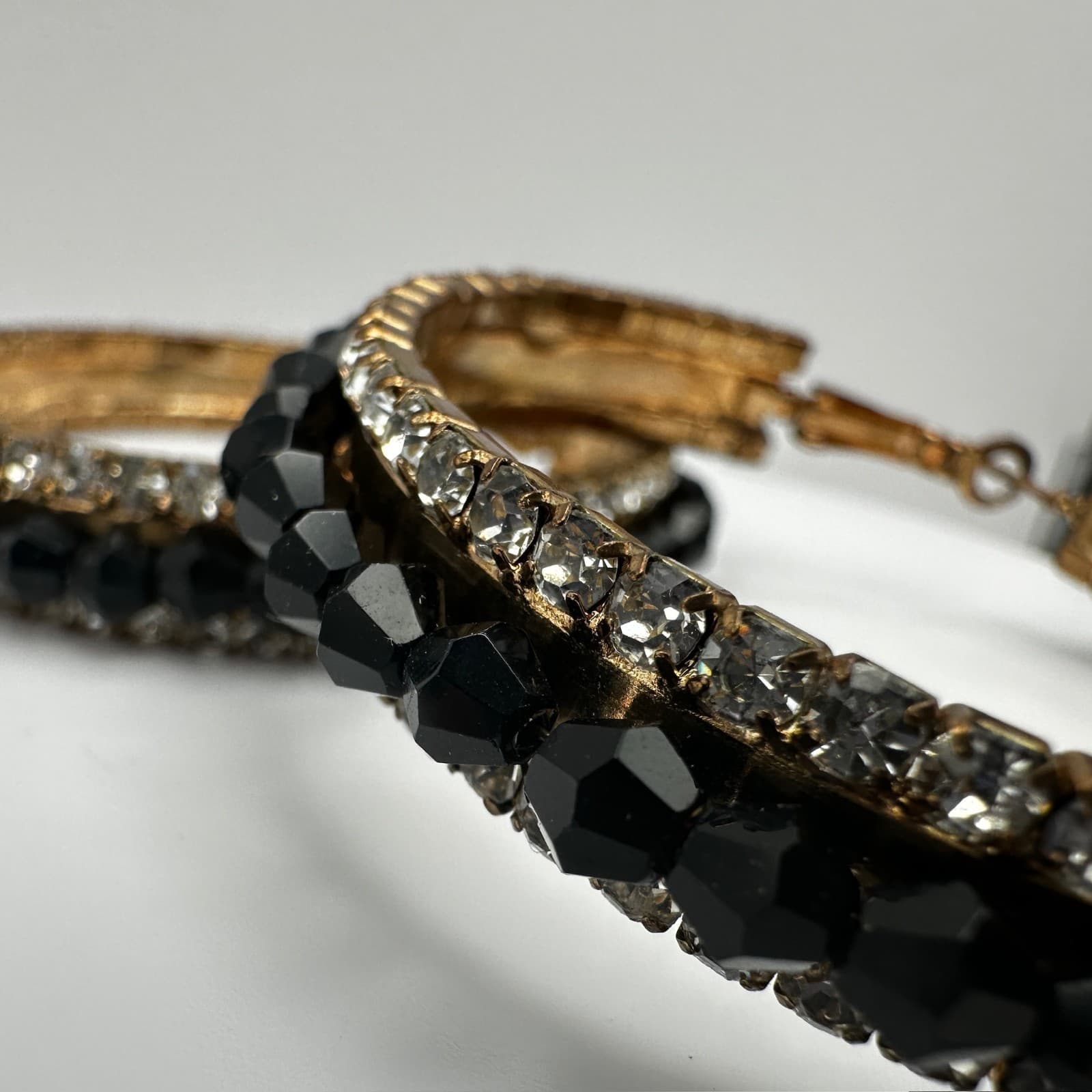 Vintage 90s Black Bead Clear Rhinestone Large Hoop Earrings Fashion Jewelry - Thumbnail 6
